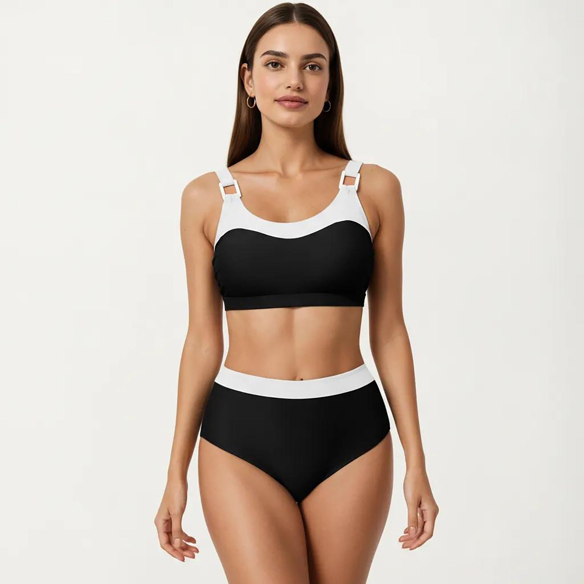 Anna-Kaci Women's 2-Piece Set Color Block Bikini Top with High Waisted Bottom Swim Set