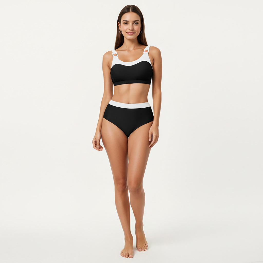 Anna-Kaci Women's 2-Piece Set Color Block Bikini Top with High Waisted Bottom Swim Set