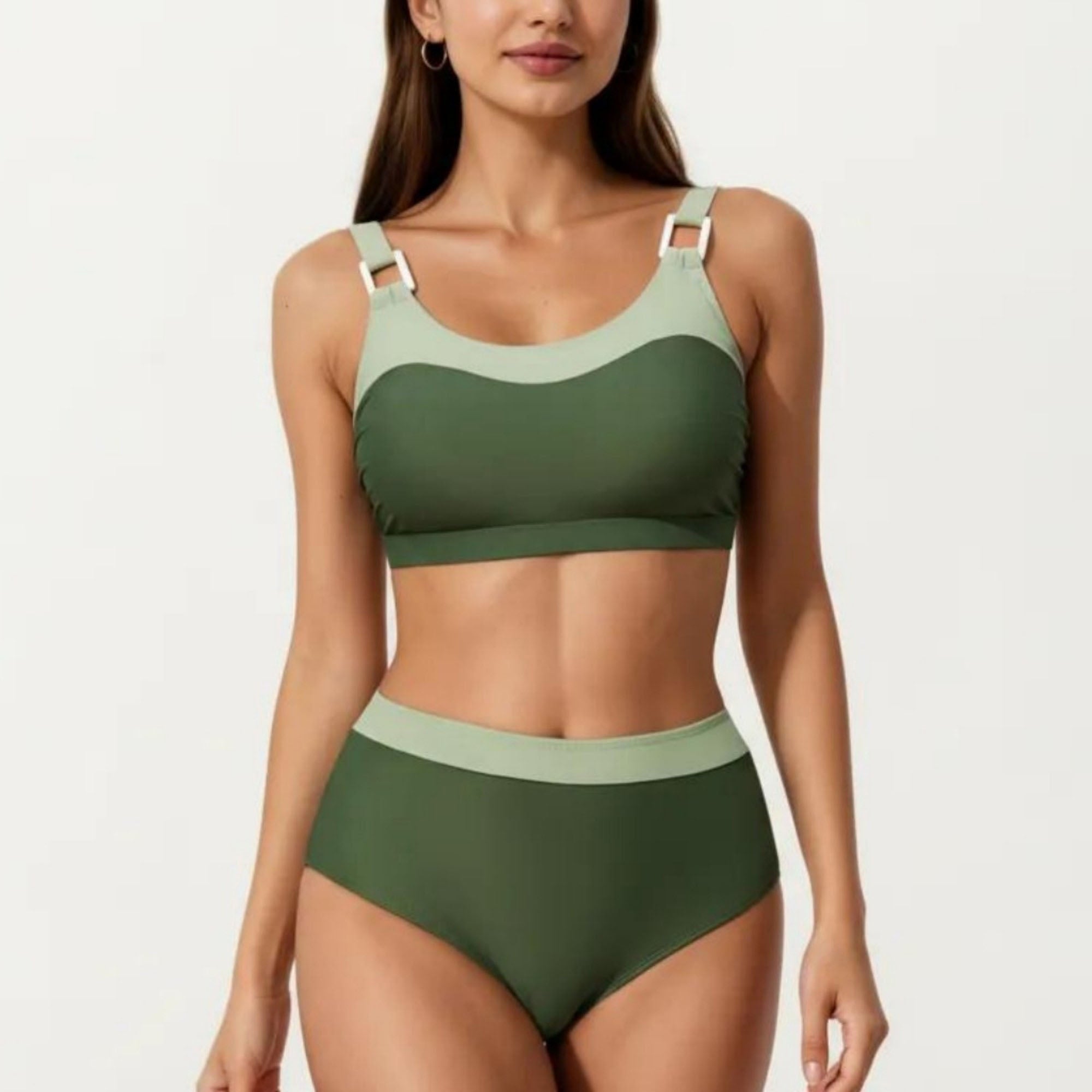 Anna-Kaci Women's 2-Piece Set Color Block Bikini Top with High Waisted Bottom Swim Set