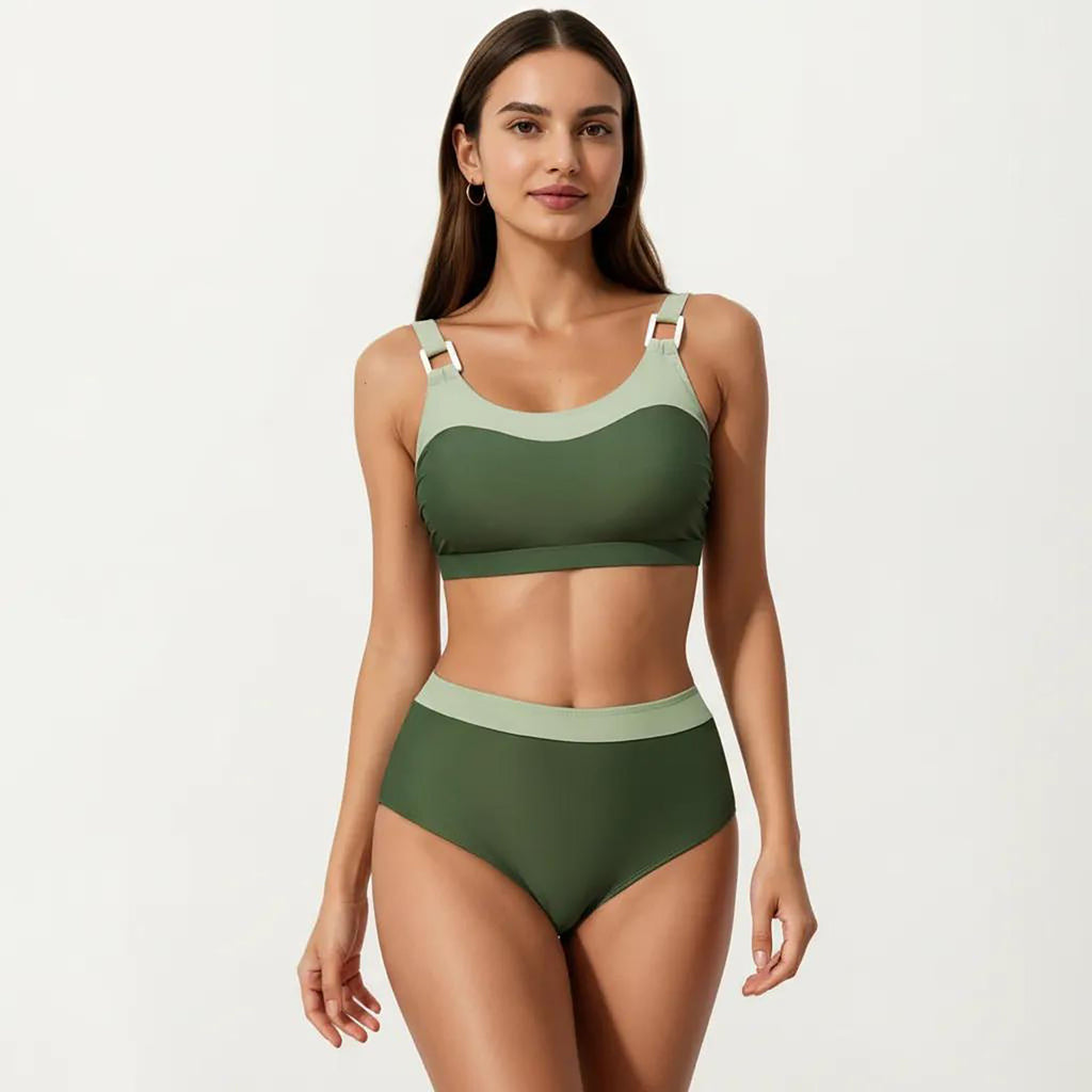 Anna-Kaci Women's 2-Piece Set Color Block Bikini Top with High Waisted Bottom Swim Set