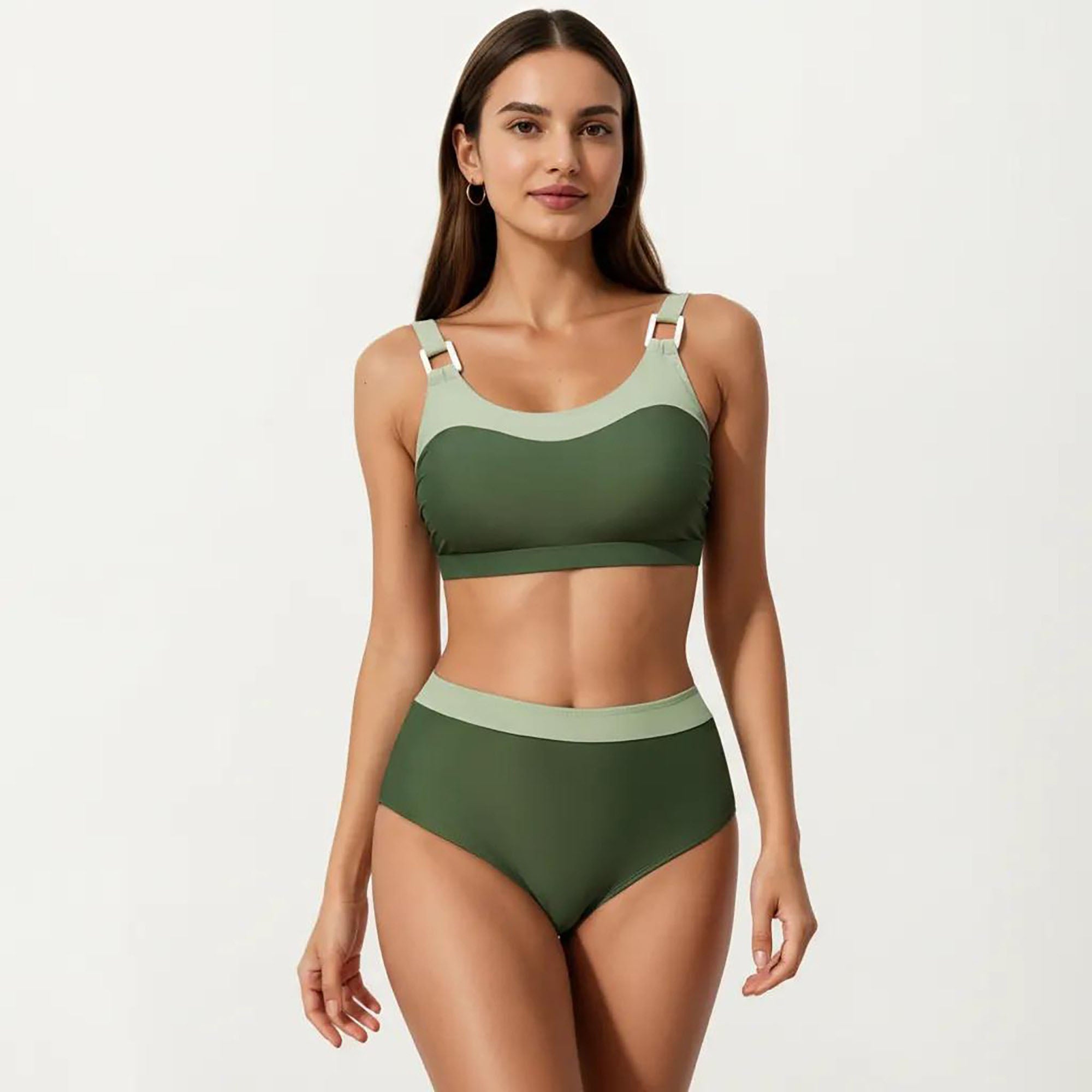 Anna-Kaci Women's 2-Piece Set Color Block Bikini Top with High Waisted Bottom Swim Set