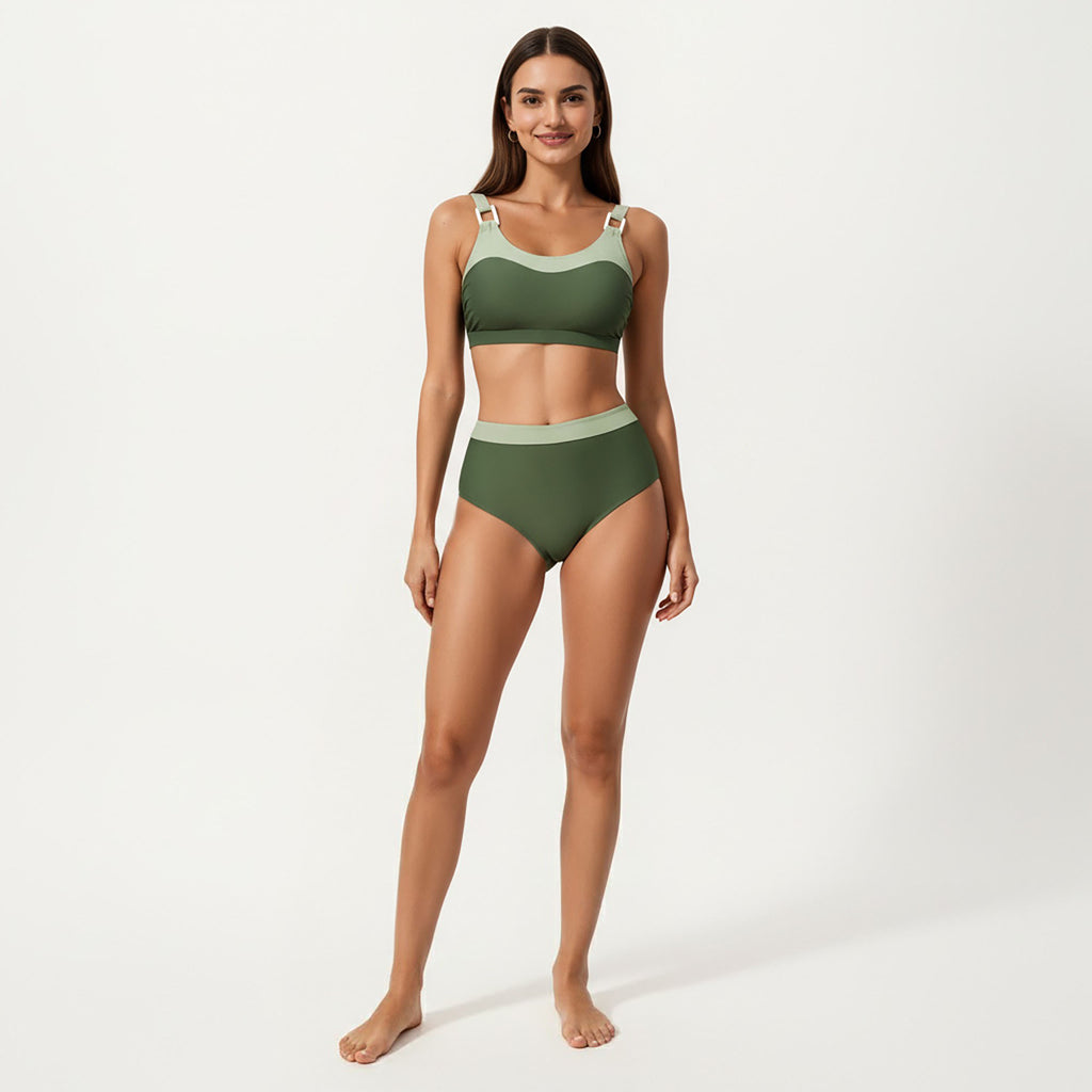 Anna-Kaci Women's 2-Piece Set Color Block Bikini Top with High Waisted Bottom Swim Set