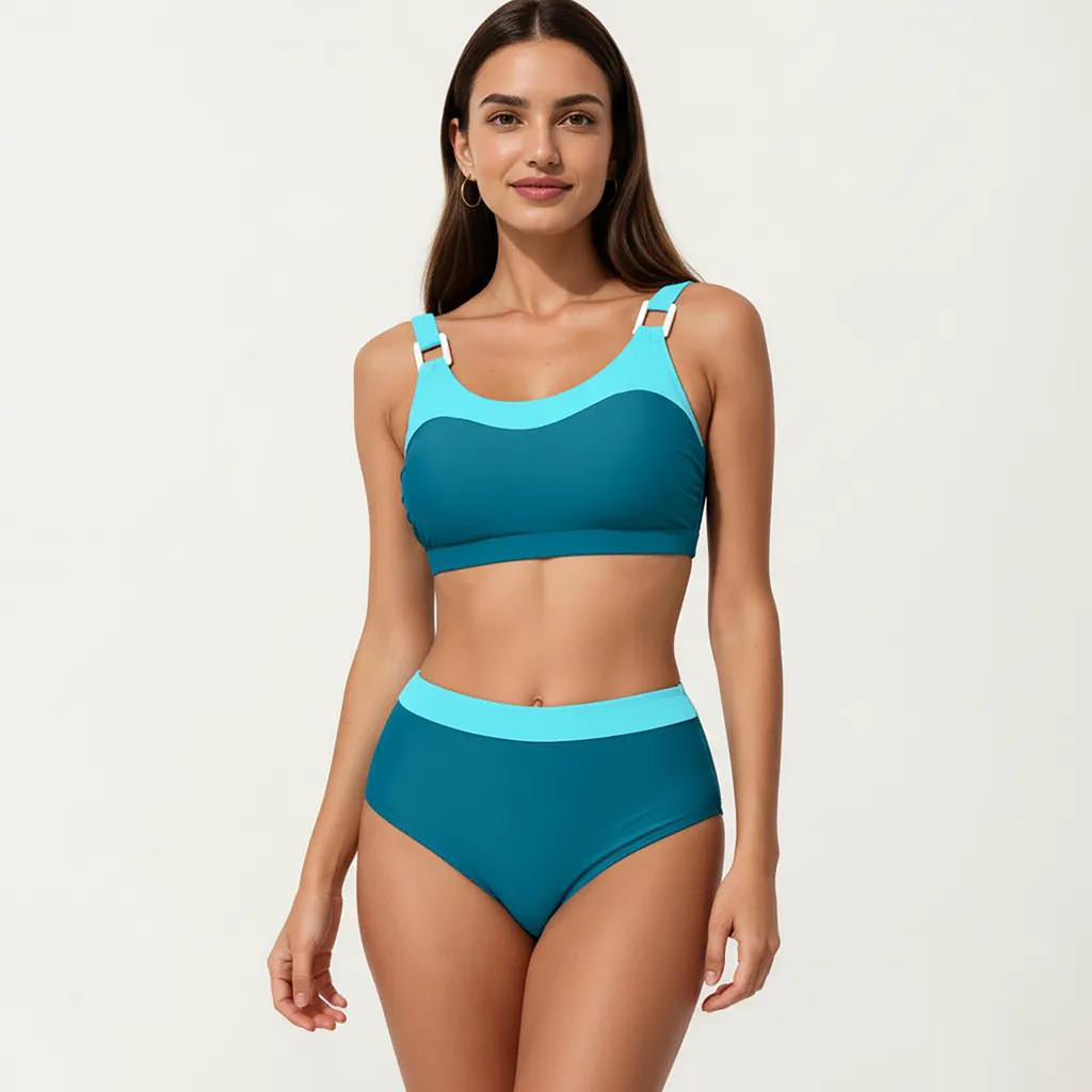 Anna-Kaci Women's 2-Piece Set Color Block Bikini Top with High Waisted Bottom Swim Set