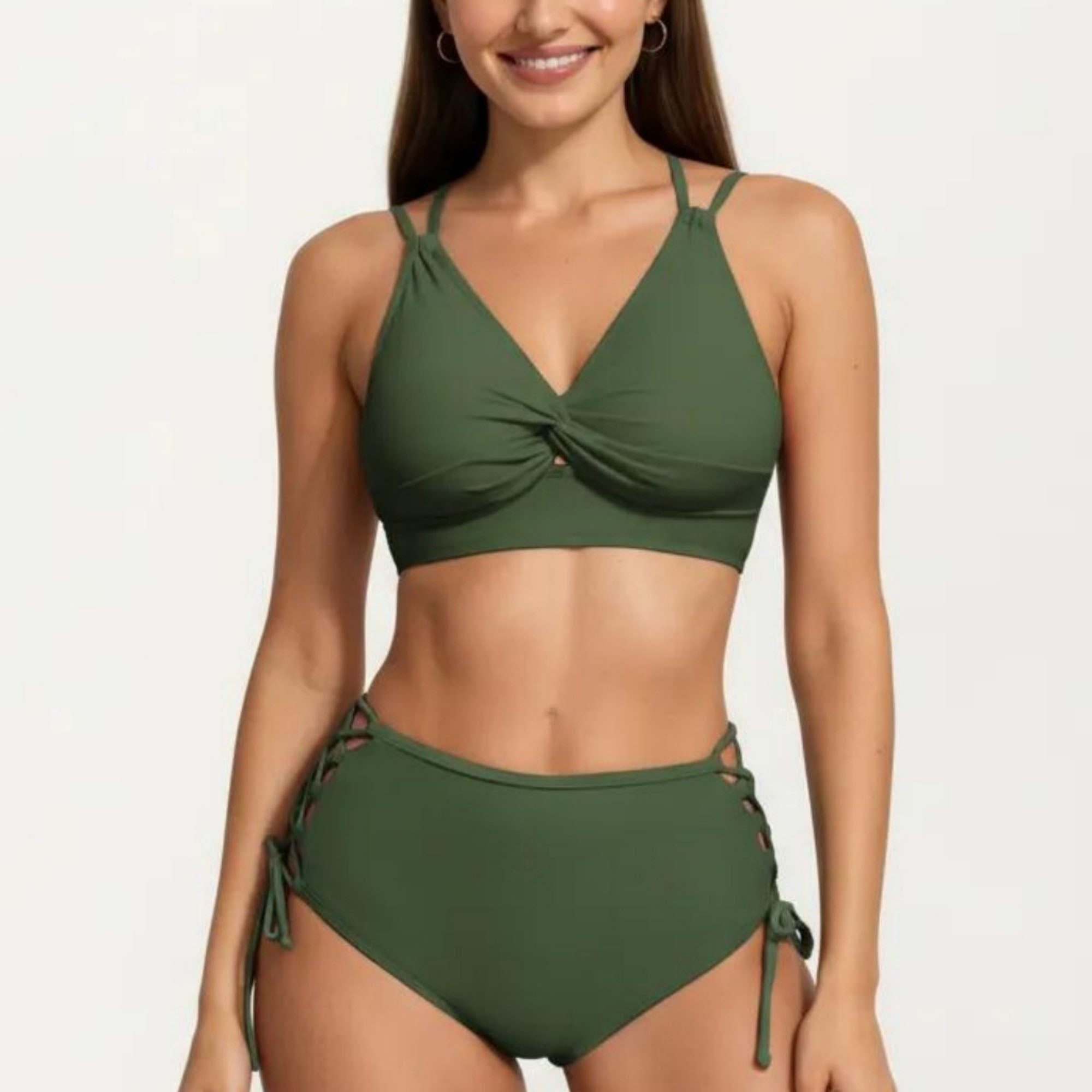 Anna-Kaci Women's 2-Piece Set Twist Front Bikini Top with Lace Up High Waisted Bottom