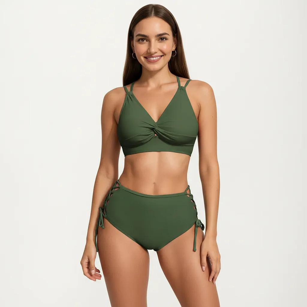 Anna-Kaci Women's 2-Piece Set Twist Front Bikini Top with Lace Up High Waisted Bottom
