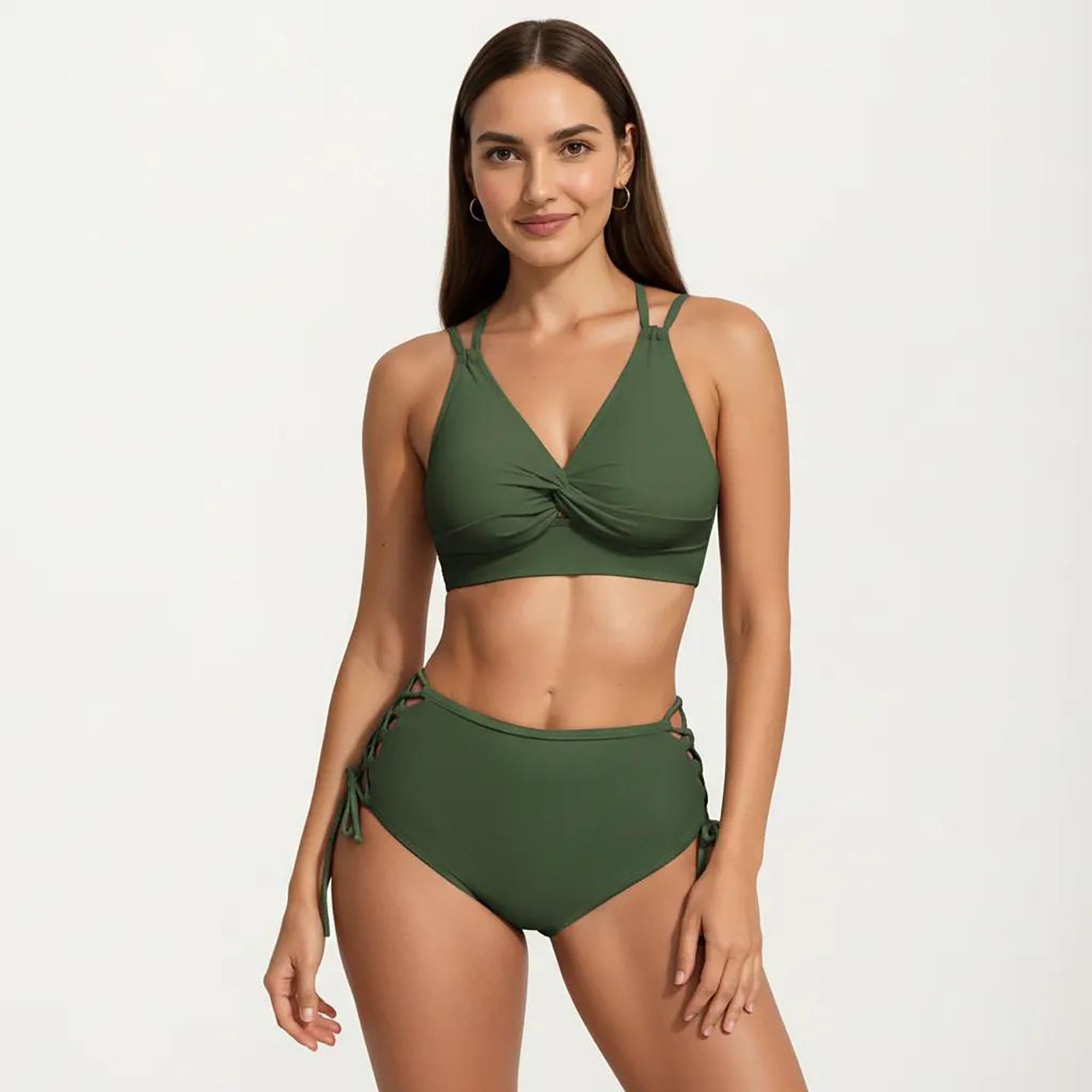 Anna-Kaci Women's 2-Piece Set Twist Front Bikini Top with Lace Up High Waisted Bottom