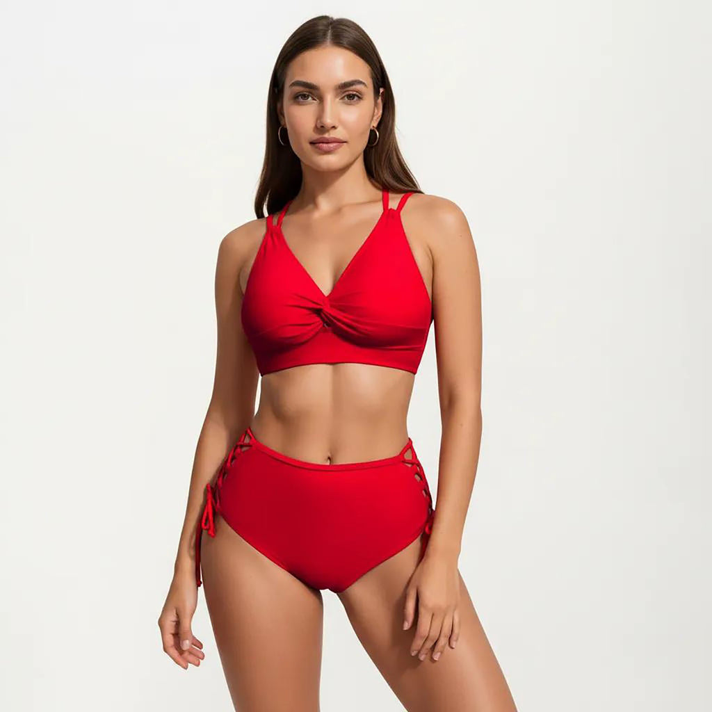 Anna-Kaci Women's 2-Piece Set Twist Front Bikini Top with Lace Up High Waisted Bottom