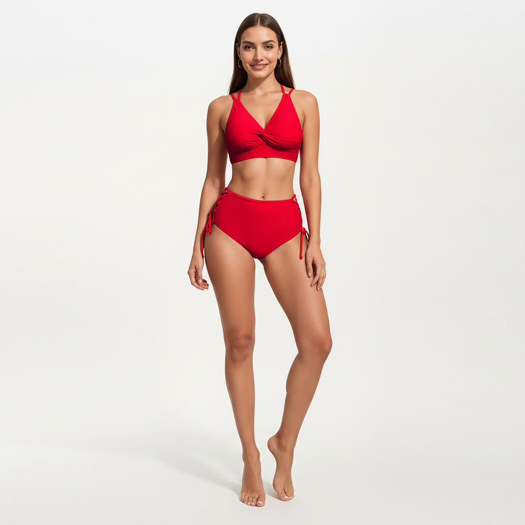 Anna-Kaci Women's 2-Piece Set Twist Front Bikini Top with Lace Up High Waisted Bottom