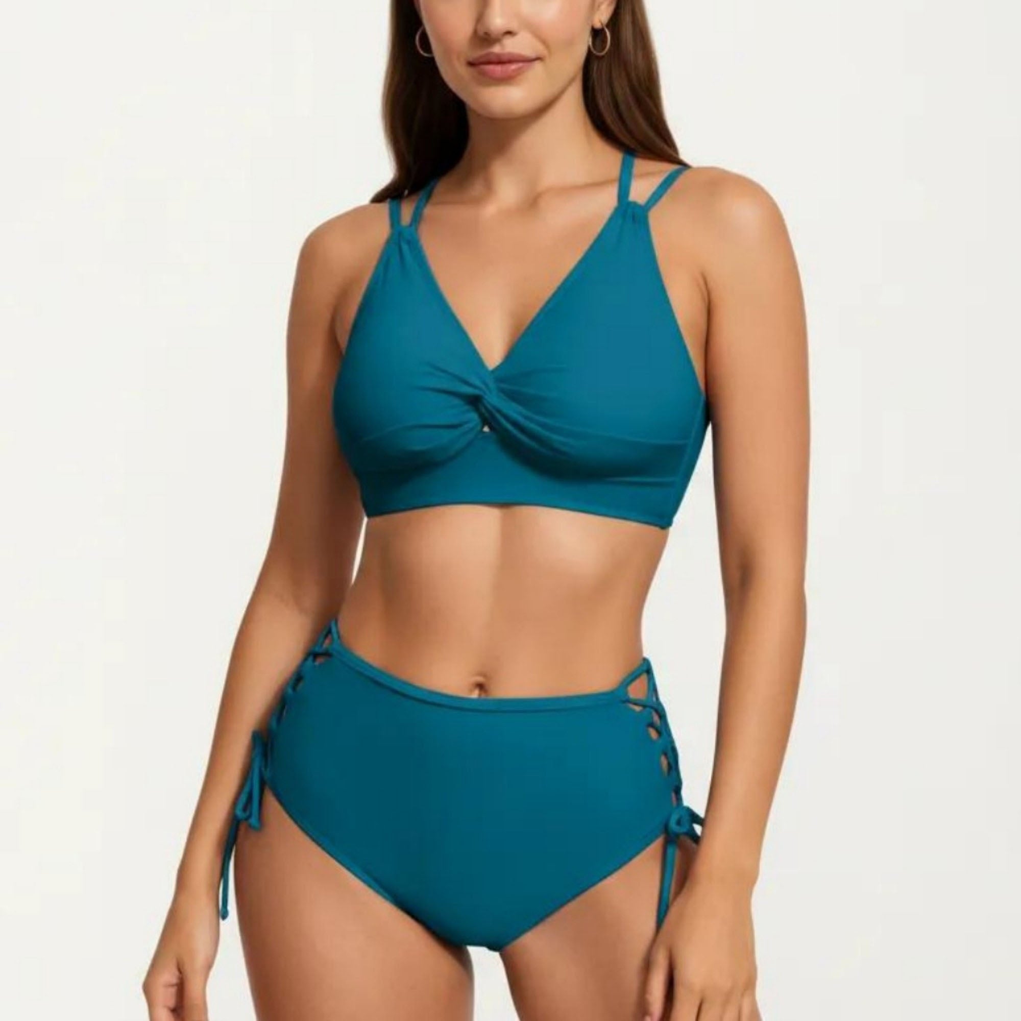 Anna-Kaci Women's 2-Piece Set Twist Front Bikini Top with Lace Up High Waisted Bottom