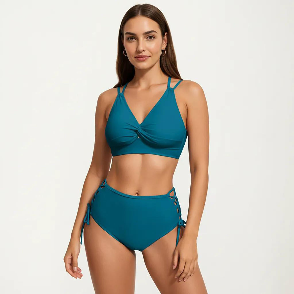 Anna-Kaci Women's 2-Piece Set Twist Front Bikini Top with Lace Up High Waisted Bottom