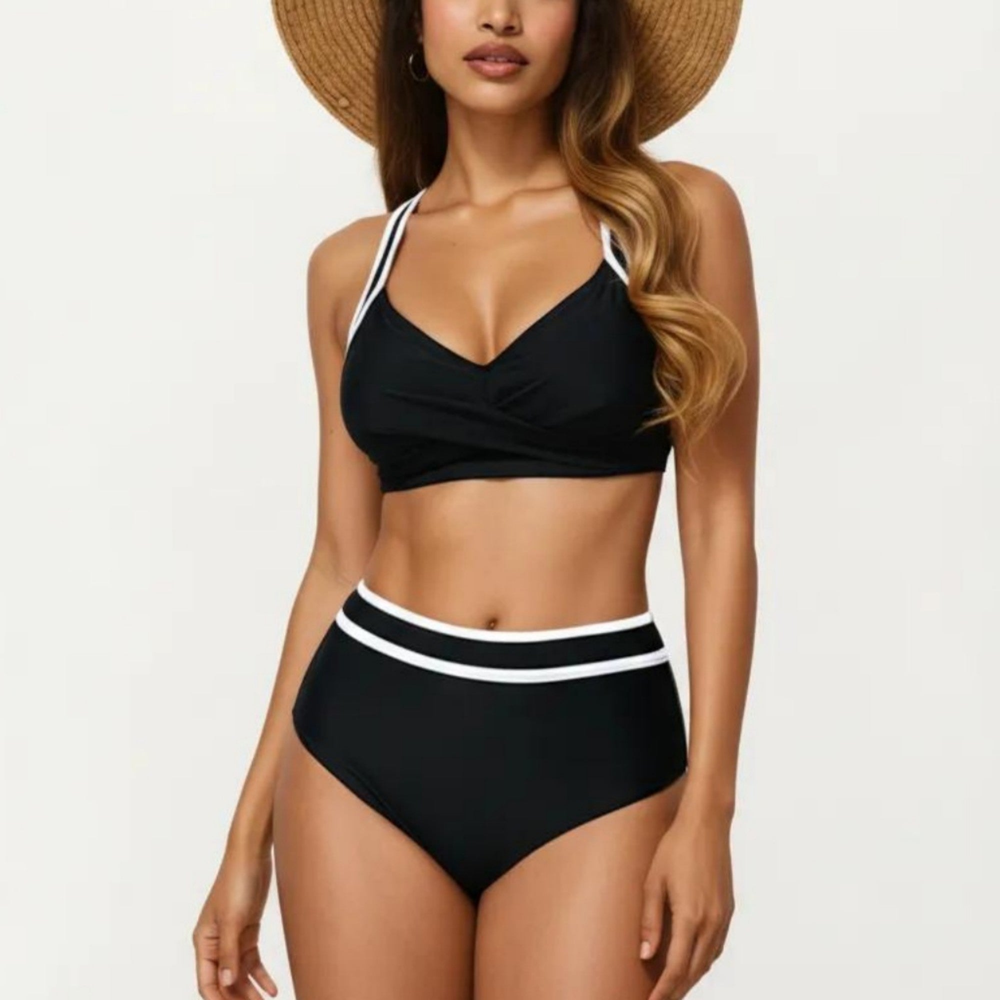 Anna-Kaci Women's 2-Piece Set Contrast Trim Bikini Top with High Waisted Bottom Swim Set