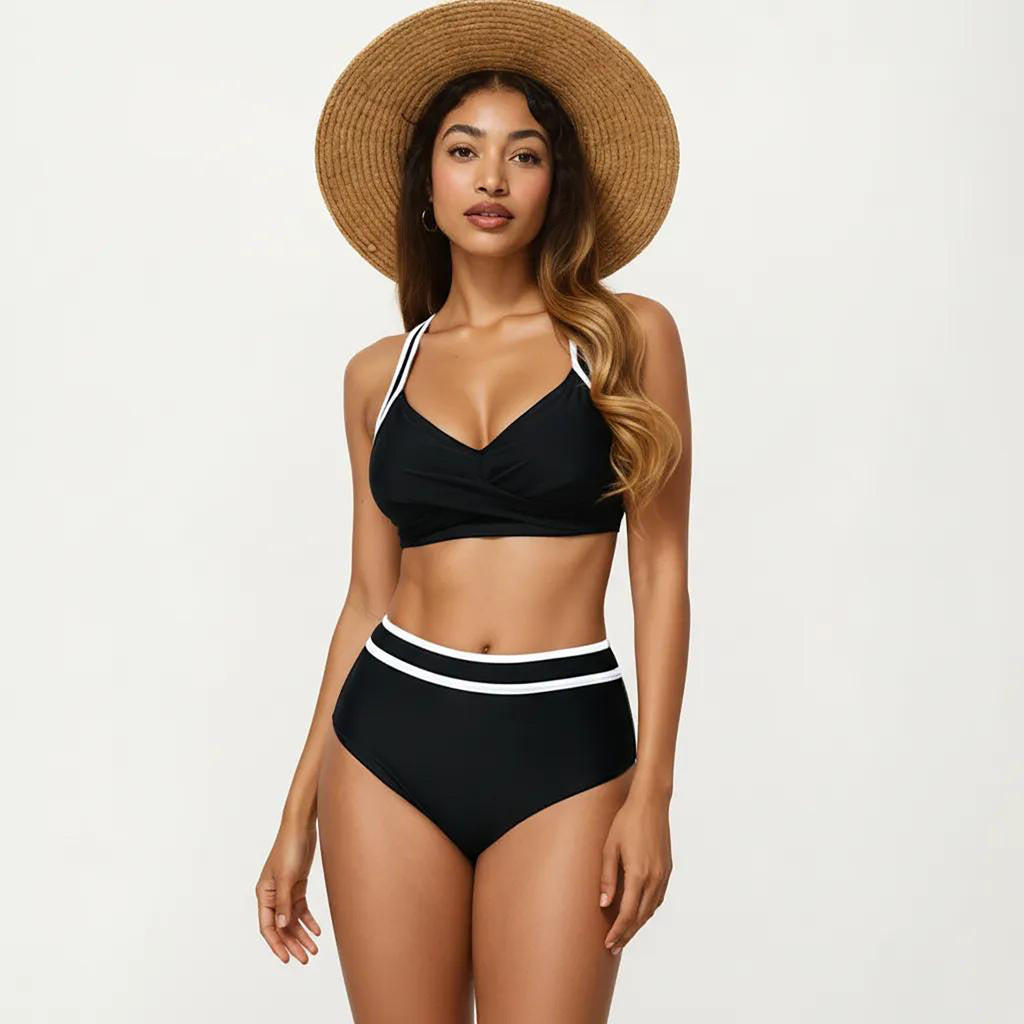 Anna-Kaci Women's 2-Piece Set Contrast Trim Bikini Top with High Waisted Bottom Swim Set