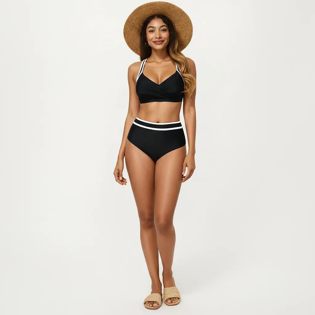 Anna-Kaci Women's 2-Piece Set Contrast Trim Bikini Top with High Waisted Bottom Swim Set