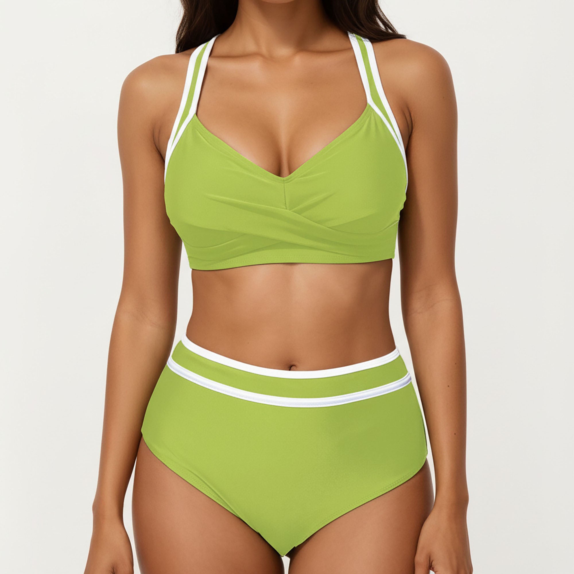 Anna-Kaci Women's 2-Piece Set Contrast Trim Bikini Top with High Waisted Bottom Swim Set
