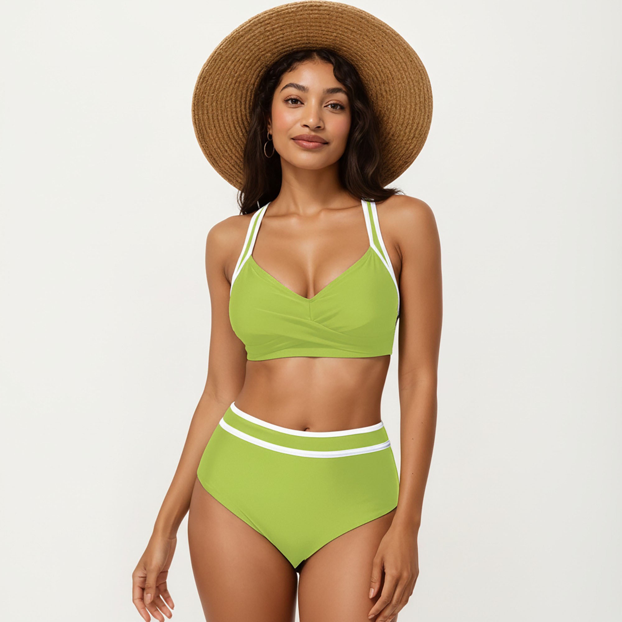 Anna-Kaci Women's 2-Piece Set Contrast Trim Bikini Top with High Waisted Bottom Swim Set