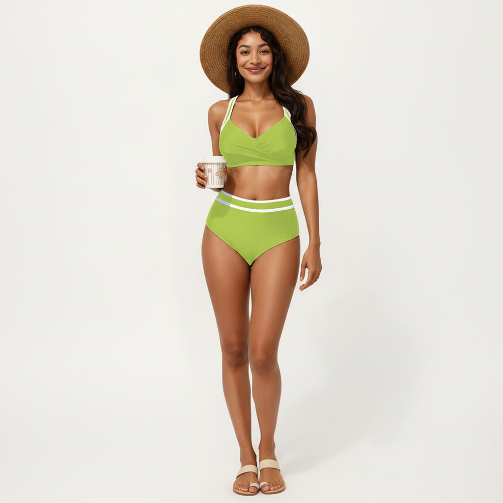 Anna-Kaci Women's 2-Piece Set Contrast Trim Bikini Top with High Waisted Bottom Swim Set