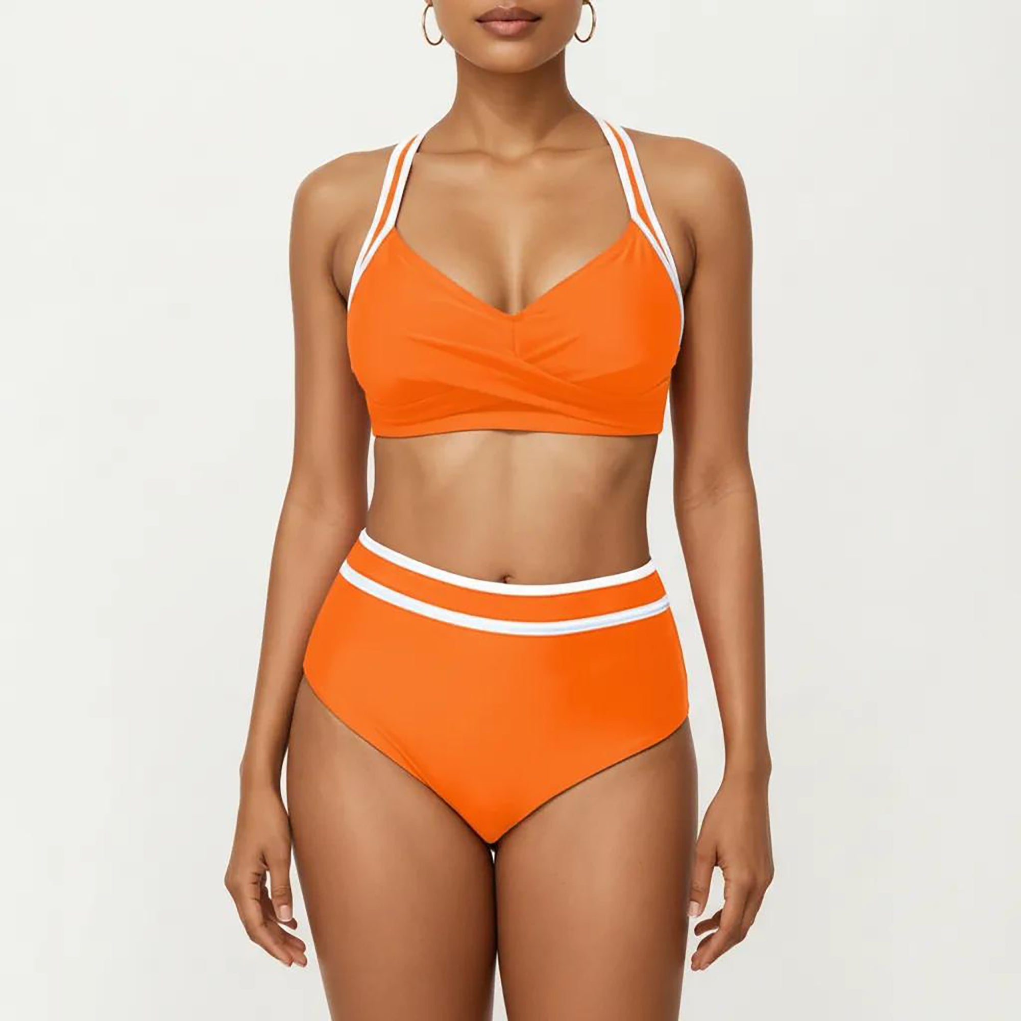 Anna-Kaci Women's 2-Piece Set Contrast Trim Bikini Top with High Waisted Bottom Swim Set