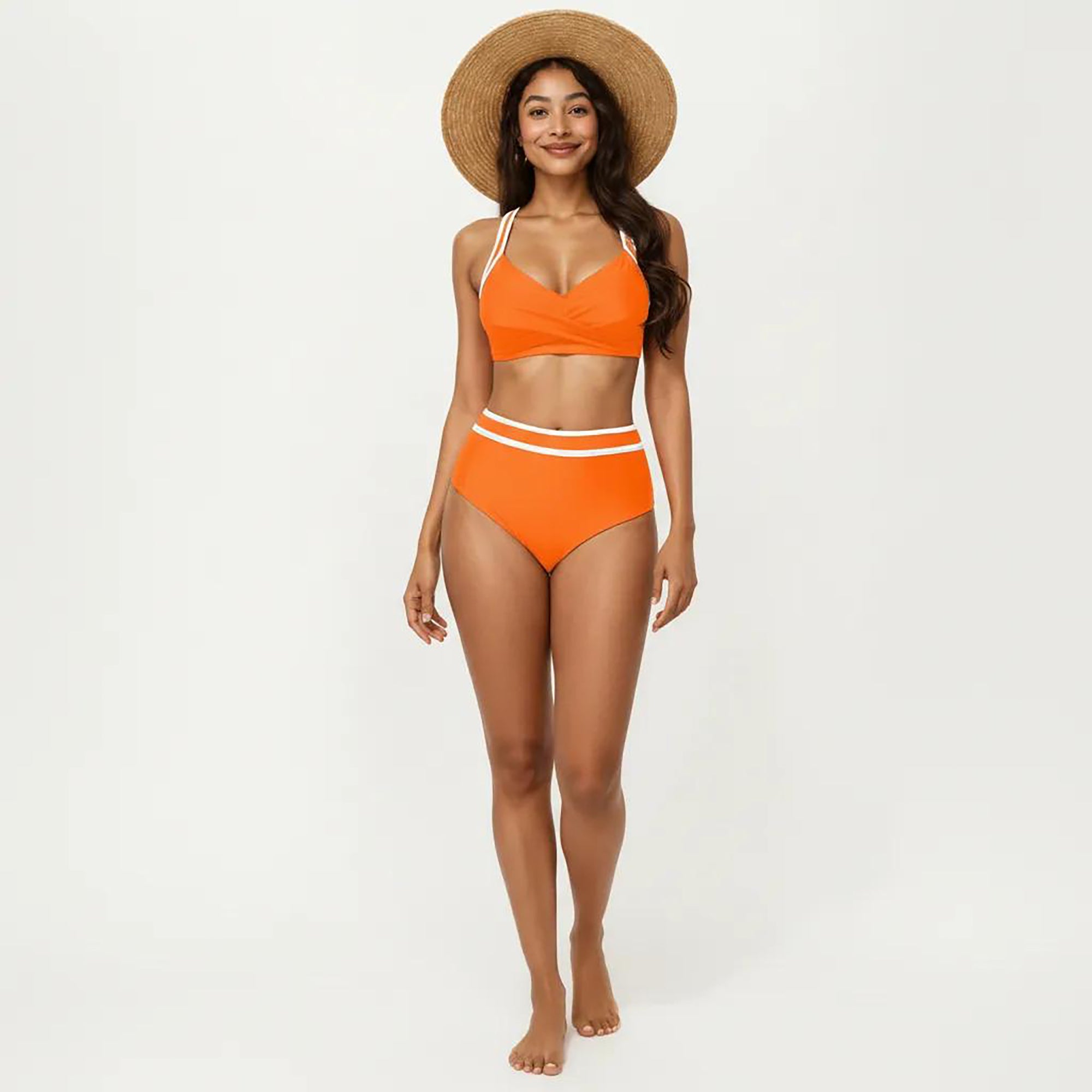 Anna-Kaci Women's 2-Piece Set Contrast Trim Bikini Top with High Waisted Bottom Swim Set