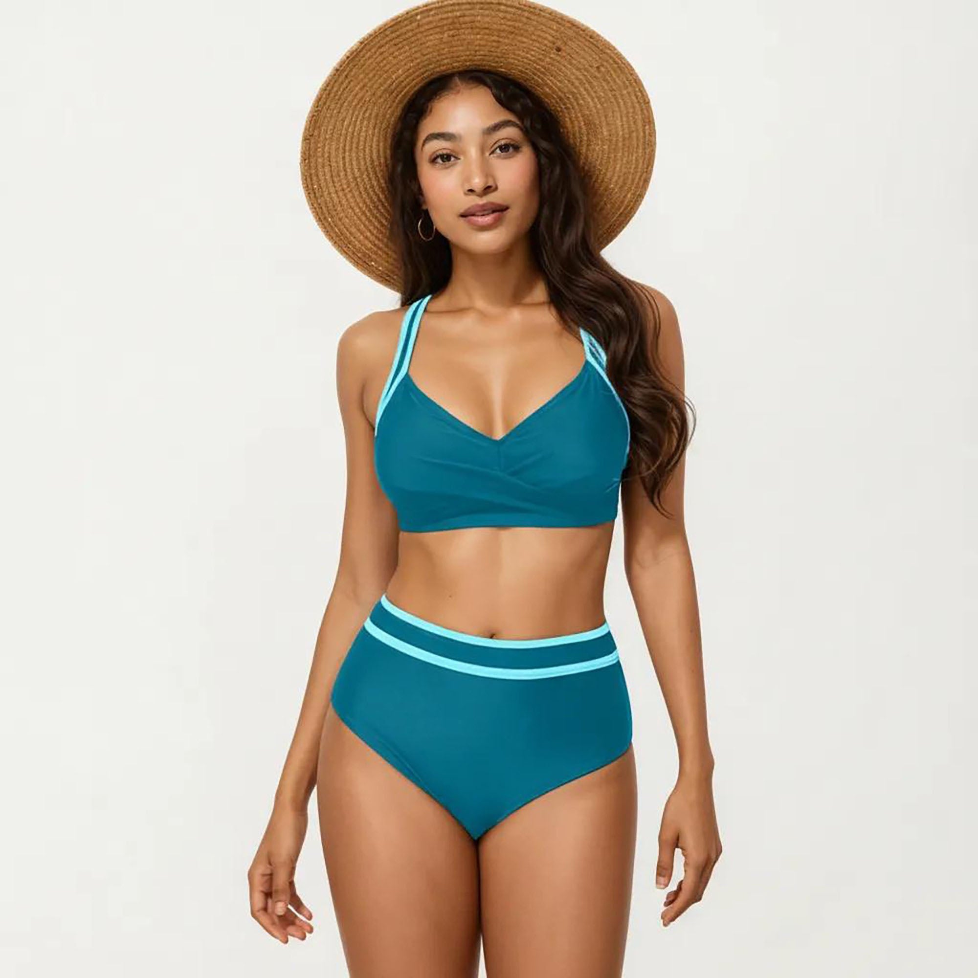 Anna-Kaci Women's 2-Piece Set Contrast Trim Bikini Top with High Waisted Bottom Swim Set