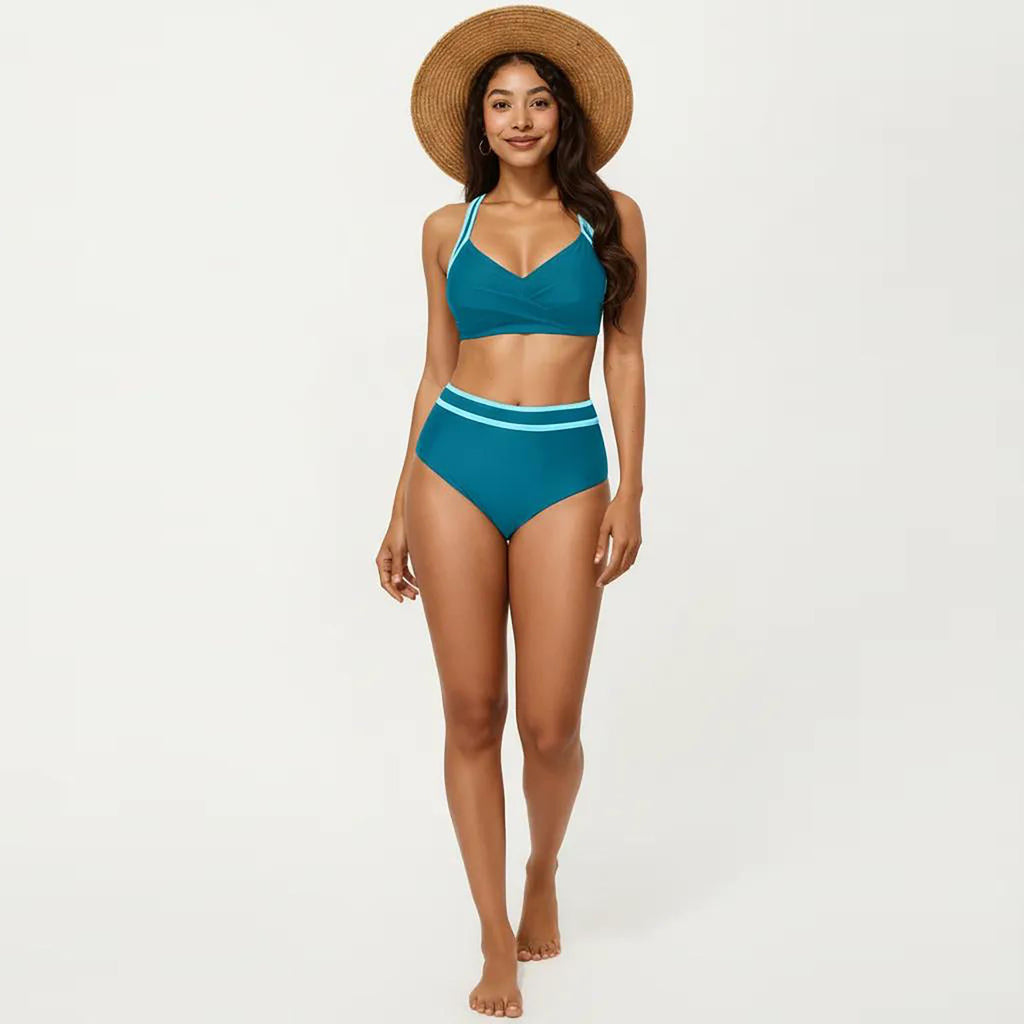 Anna-Kaci Women's 2-Piece Set Contrast Trim Bikini Top with High Waisted Bottom Swim Set