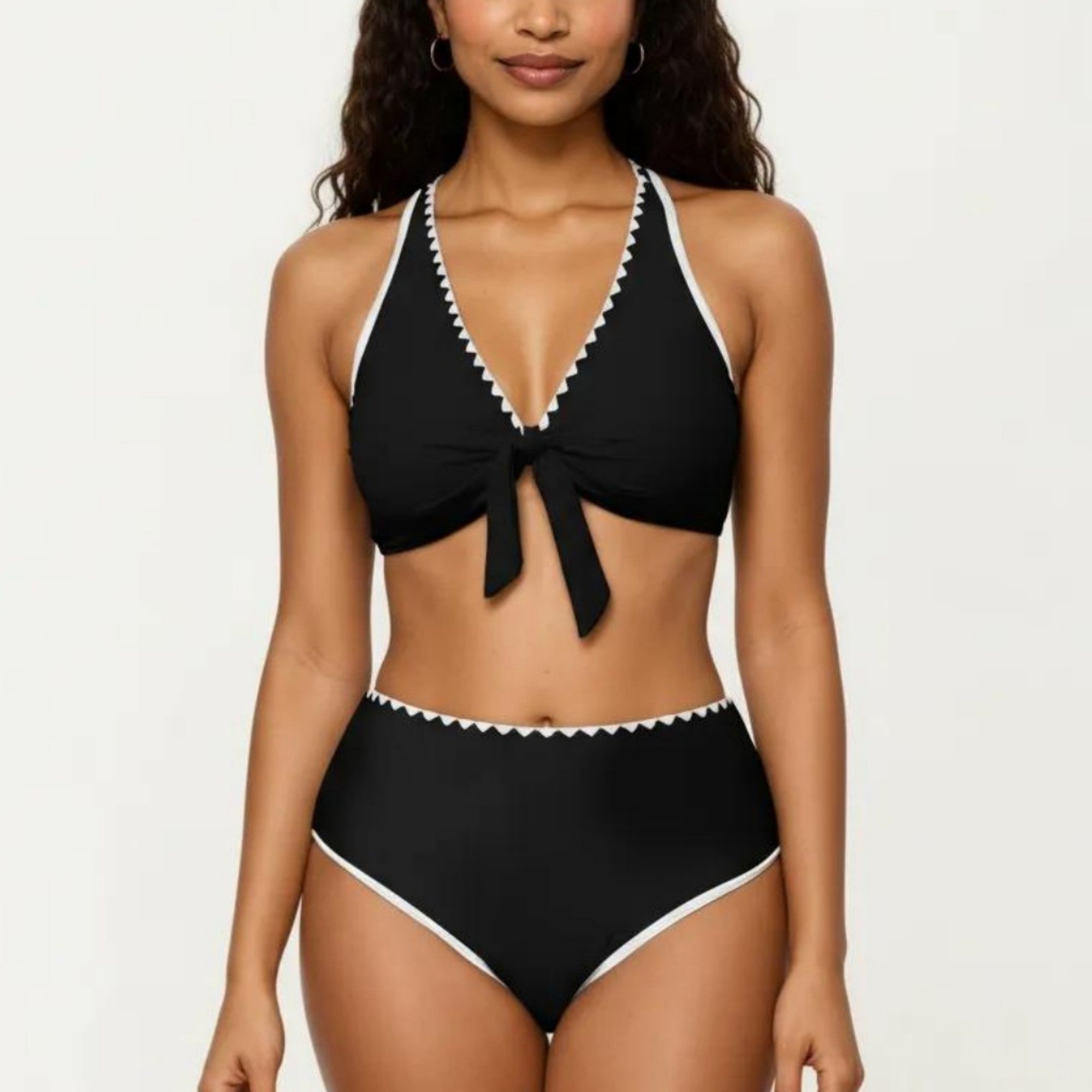 Anna-Kaci Women's 2-Piece Set Tie Front Bikini Top with Scalloped Trim and High Waisted Bottom