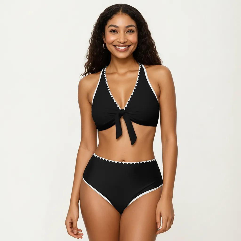 Anna-Kaci Women's 2-Piece Set Tie Front Bikini Top with Scalloped Trim and High Waisted Bottom