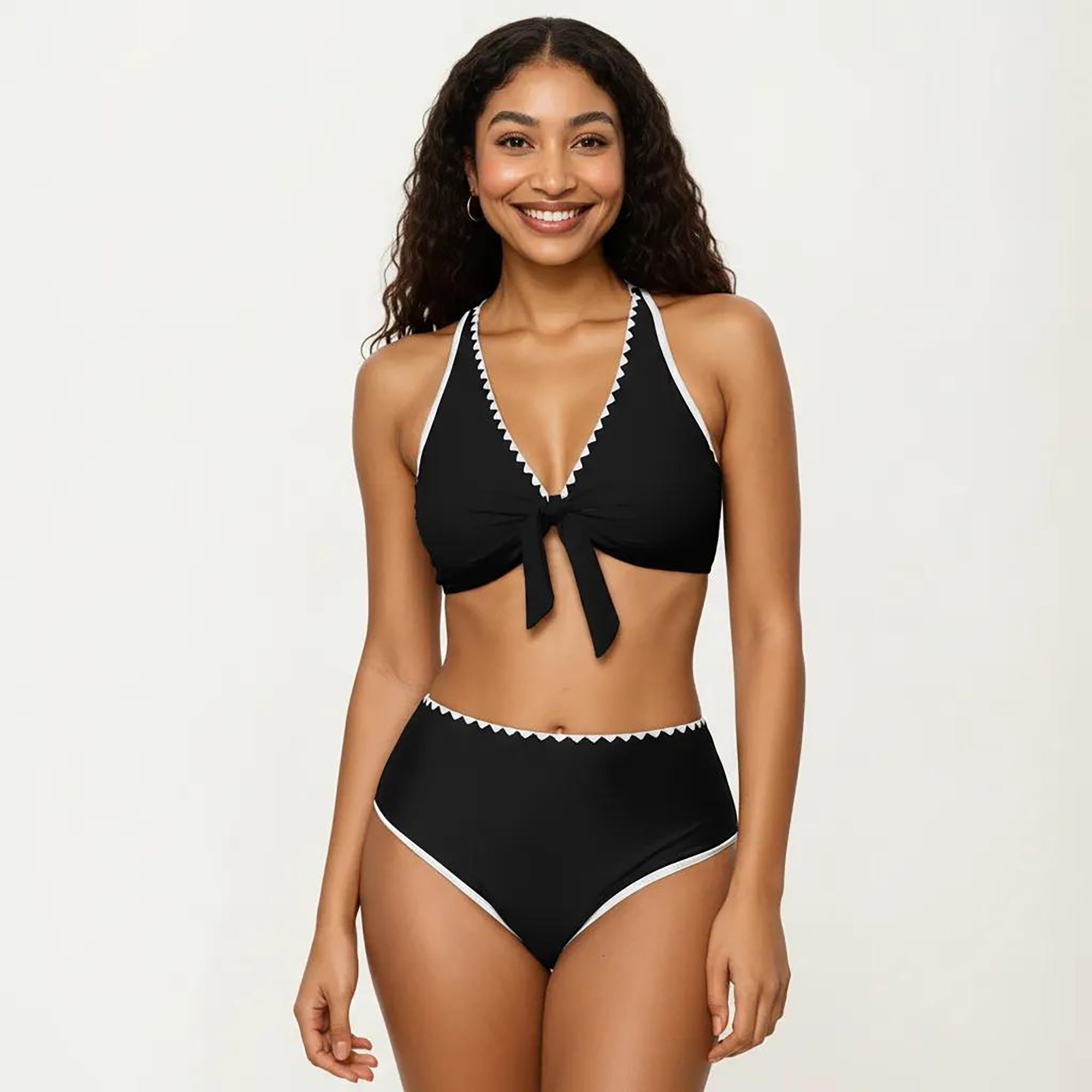 Anna-Kaci Women's 2-Piece Set Tie Front Bikini Top with Scalloped Trim and High Waisted Bottom