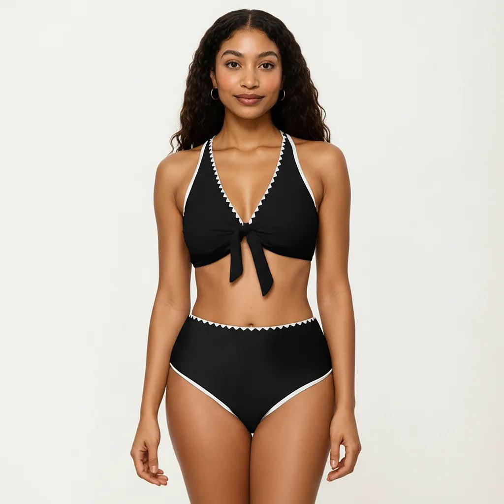 Anna-Kaci Women's 2-Piece Set Tie Front Bikini Top with Scalloped Trim and High Waisted Bottom