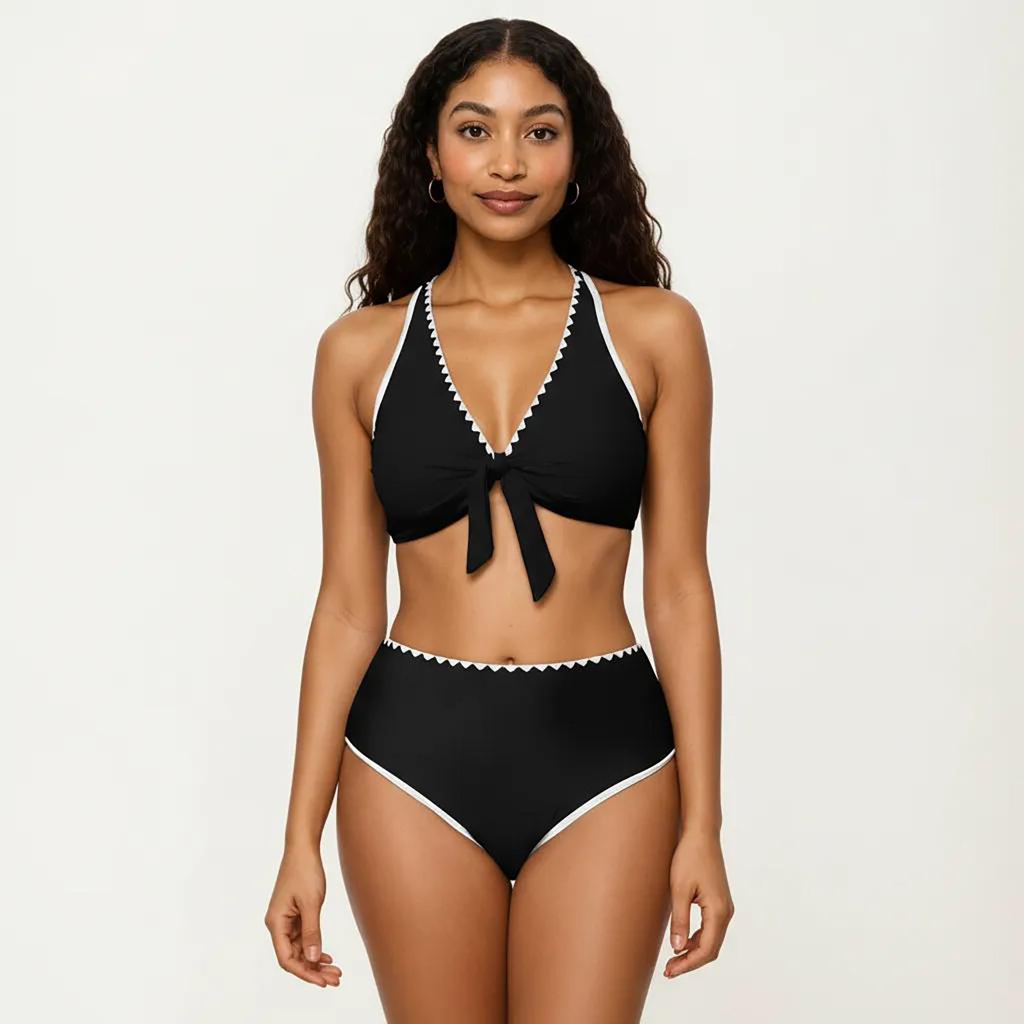 Anna-Kaci Women's 2-Piece Set Tie Front Bikini Top with Scalloped Trim and High Waisted Bottom