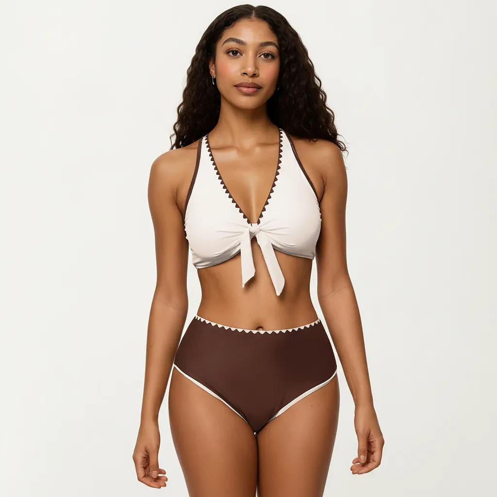 Anna-Kaci Women's 2-Piece Set Tie Front Bikini Top with Scalloped Trim and High Waisted Bottom