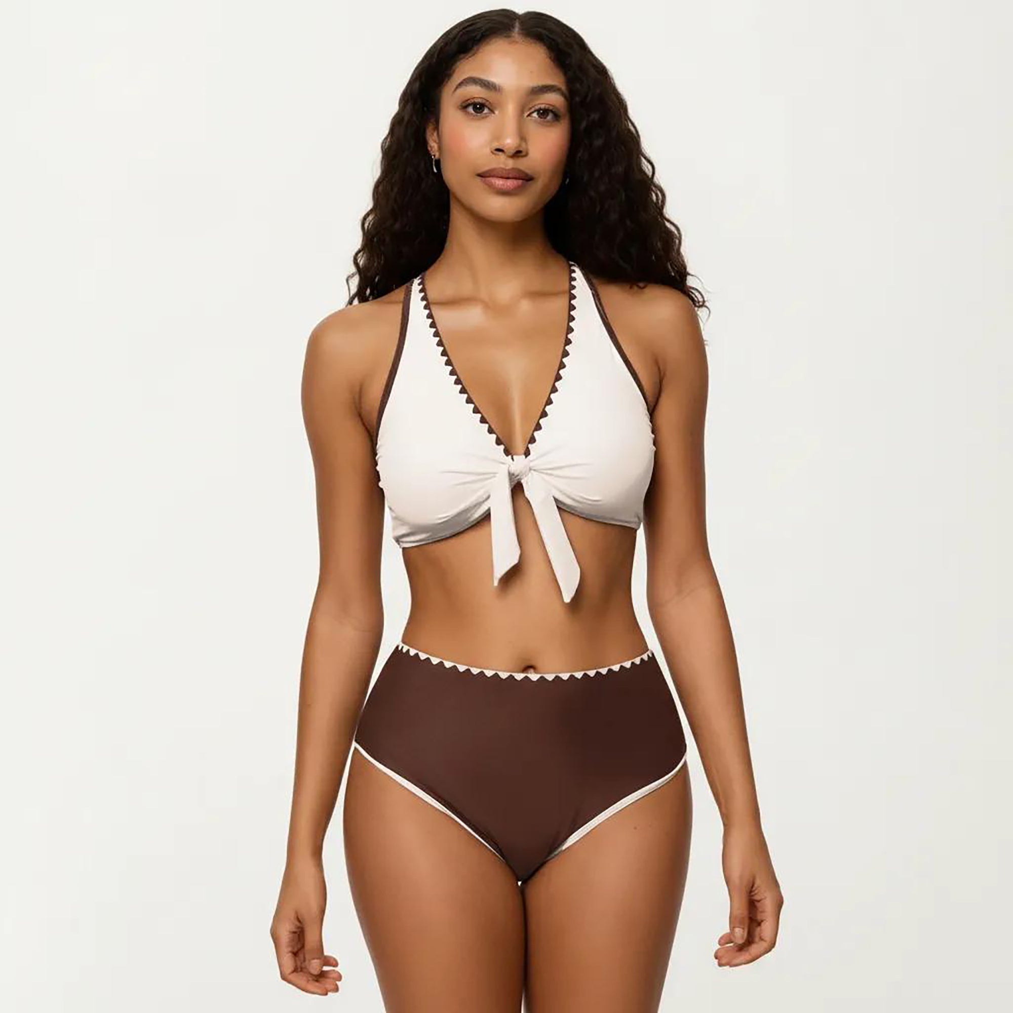 Anna-Kaci Women's 2-Piece Set Tie Front Bikini Top with Scalloped Trim and High Waisted Bottom