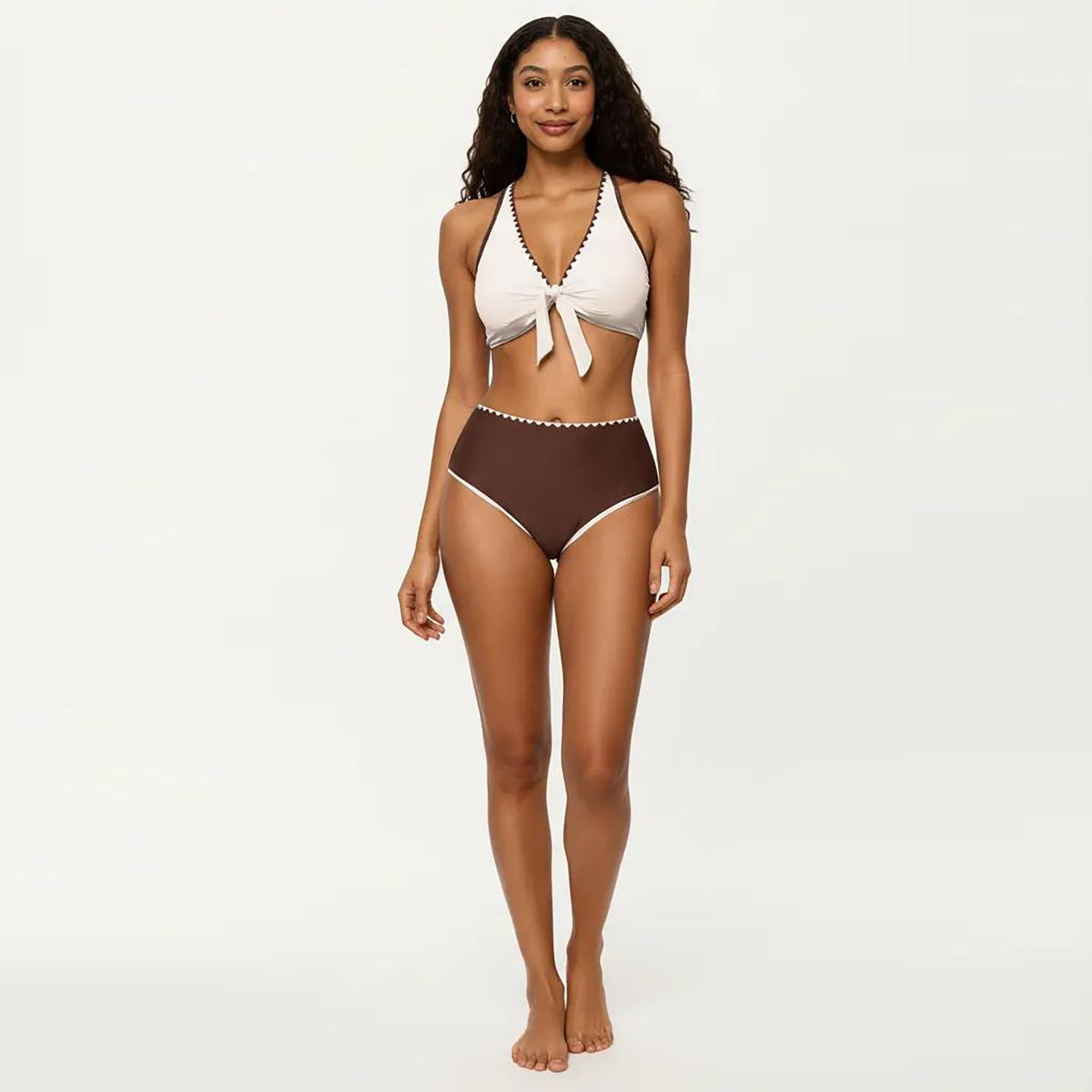Anna-Kaci Women's 2-Piece Set Tie Front Bikini Top with Scalloped Trim and High Waisted Bottom