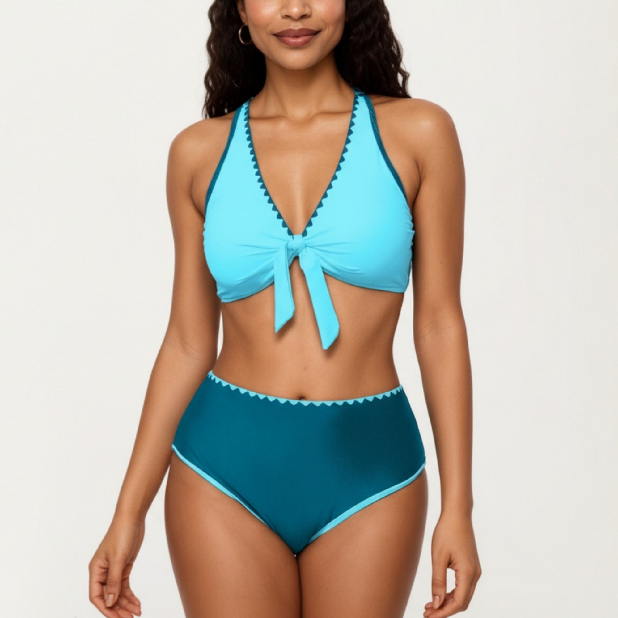 Anna-Kaci Women's 2-Piece Set Tie Front Bikini Top with Scalloped Trim and High Waisted Bottom