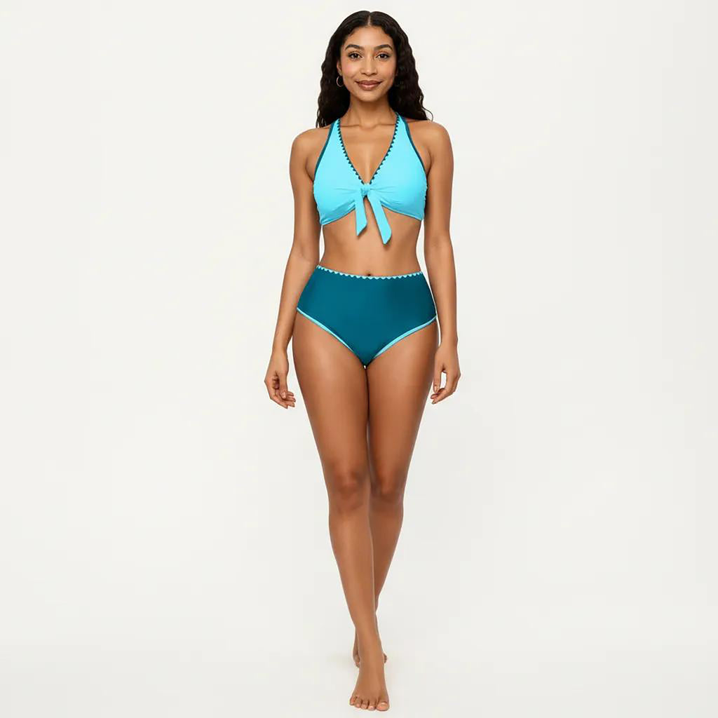 Anna-Kaci Women's 2-Piece Set Tie Front Bikini Top with Scalloped Trim and High Waisted Bottom