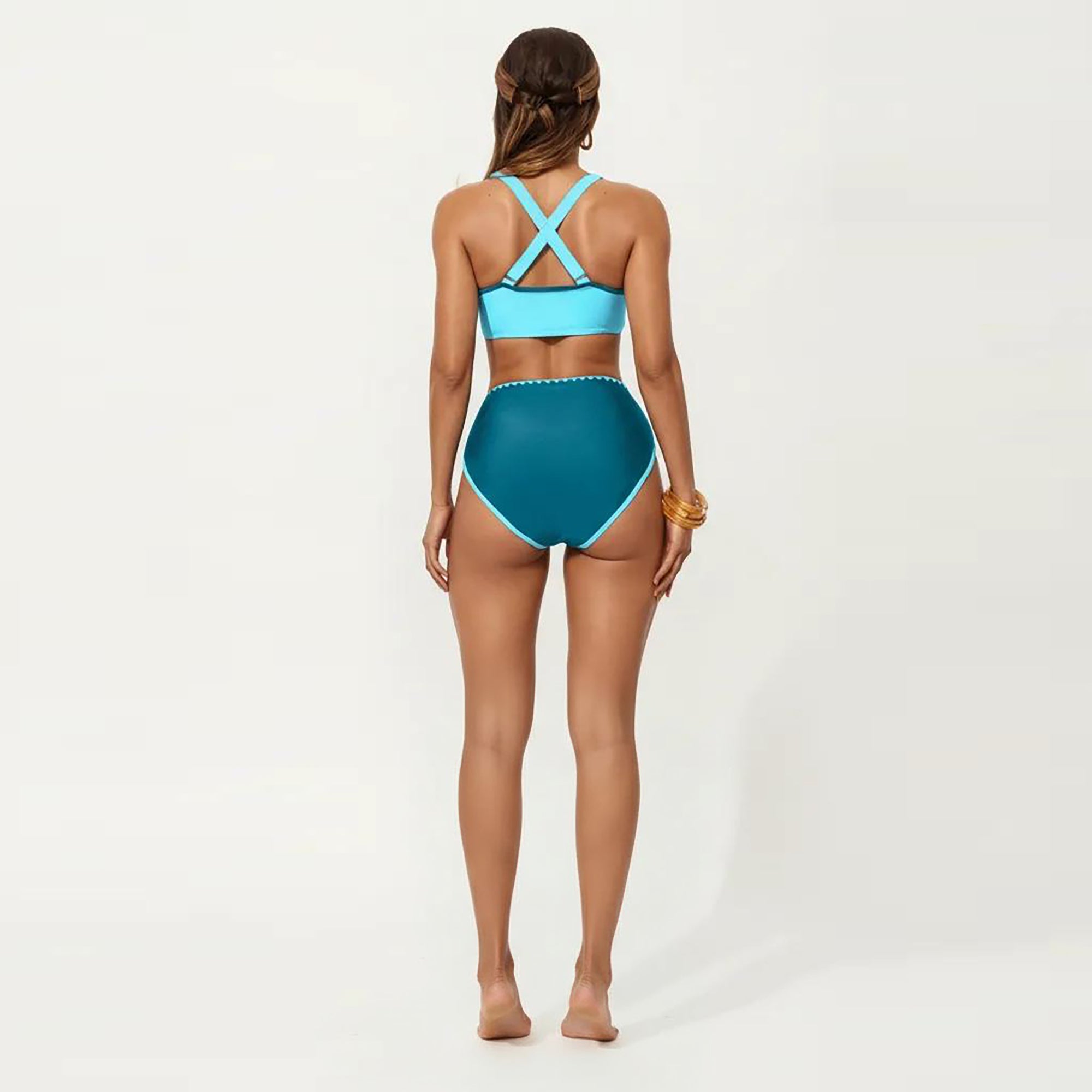 Anna-Kaci Women's 2-Piece Set Tie Front Bikini Top with Scalloped Trim and High Waisted Bottom