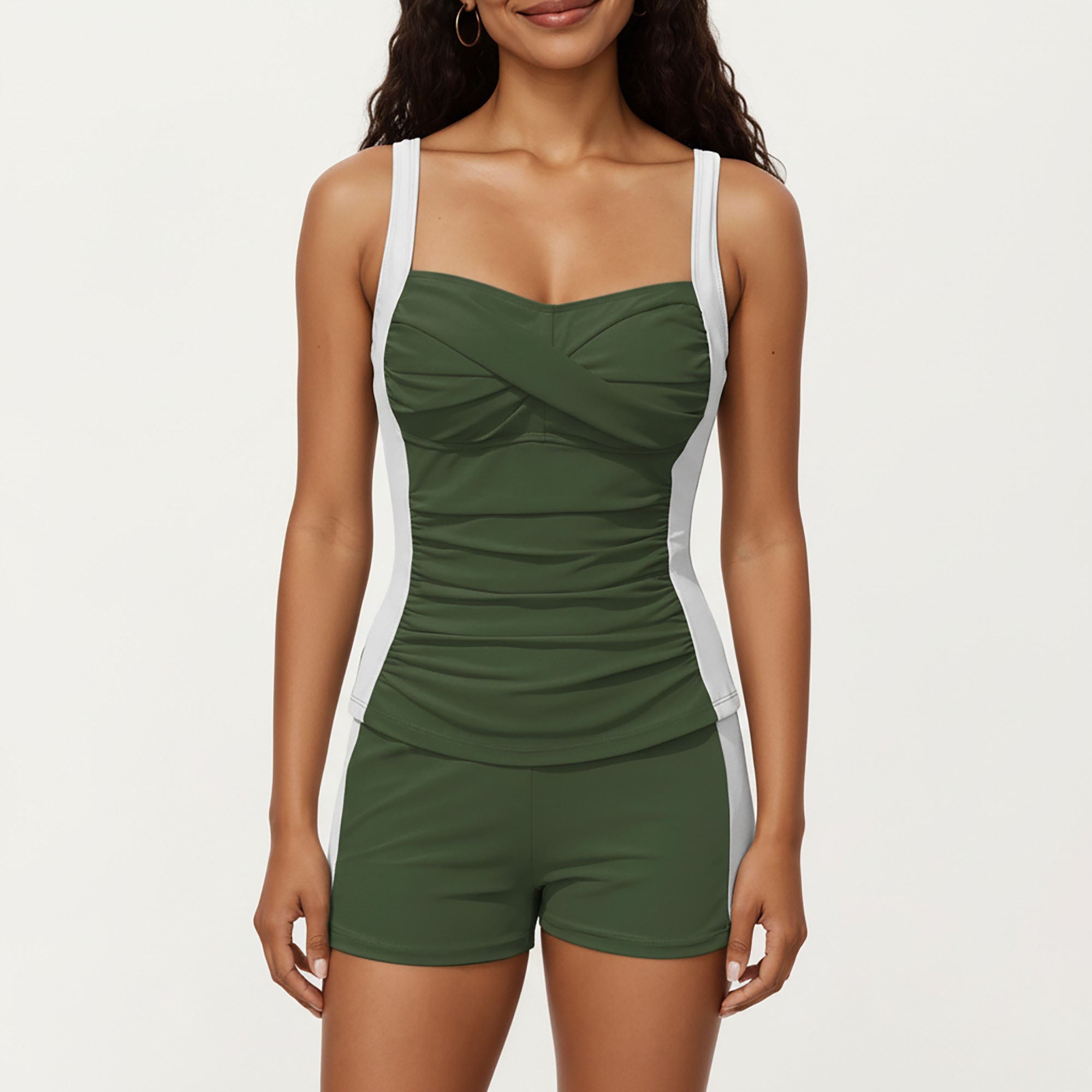 Anna-Kaci Women's 2-Piece Set Color Block Tankini Top with Boyshort Bottom Swim Set