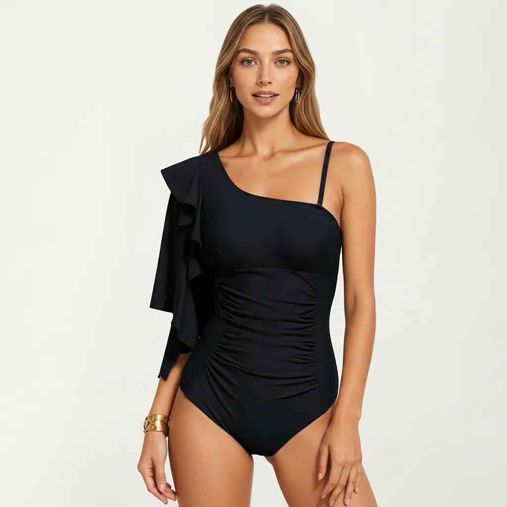 Anna-Kaci Women's One Shoulder Ruffle One Piece Swimsuit with Ruched Tummy Control Fit