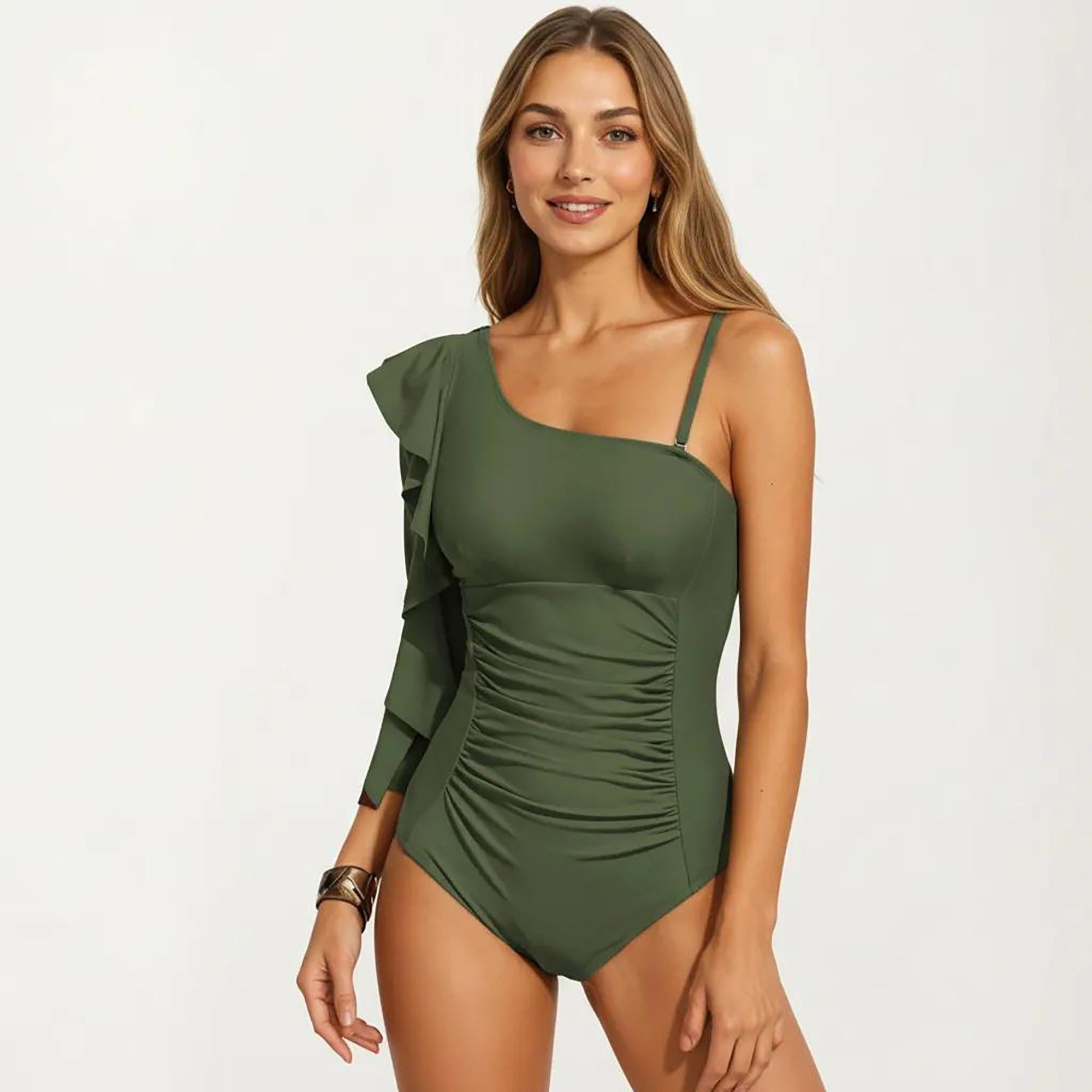 Anna-Kaci Women's One Shoulder Ruffle One Piece Swimsuit with Ruched Tummy Control Fit