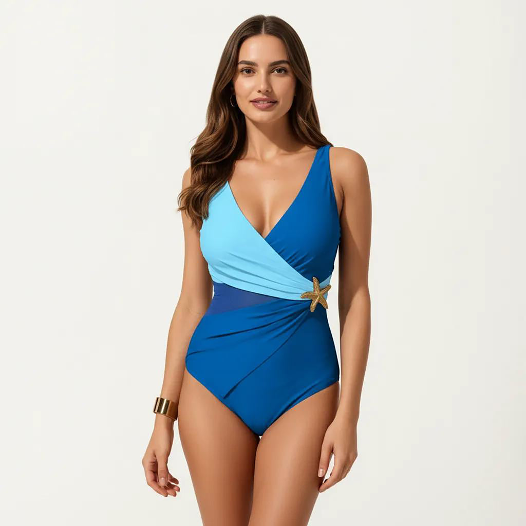 Anna-Kaci Women's Color Block Wrap One Piece Swimsuit with Starfish Detail and Sculpted Fit