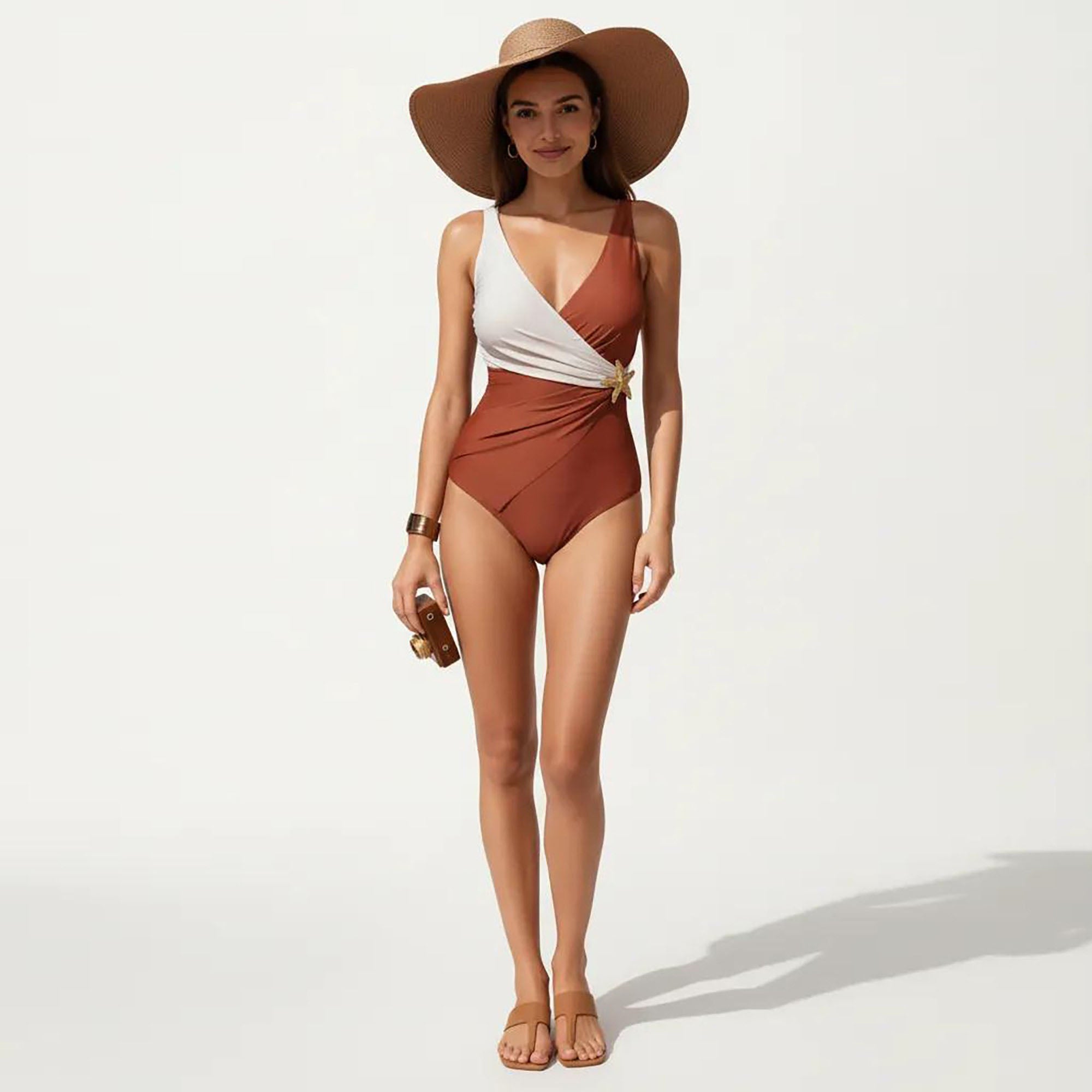 Anna-Kaci Women's Color Block Wrap One Piece Swimsuit with Starfish Detail and Sculpted Fit