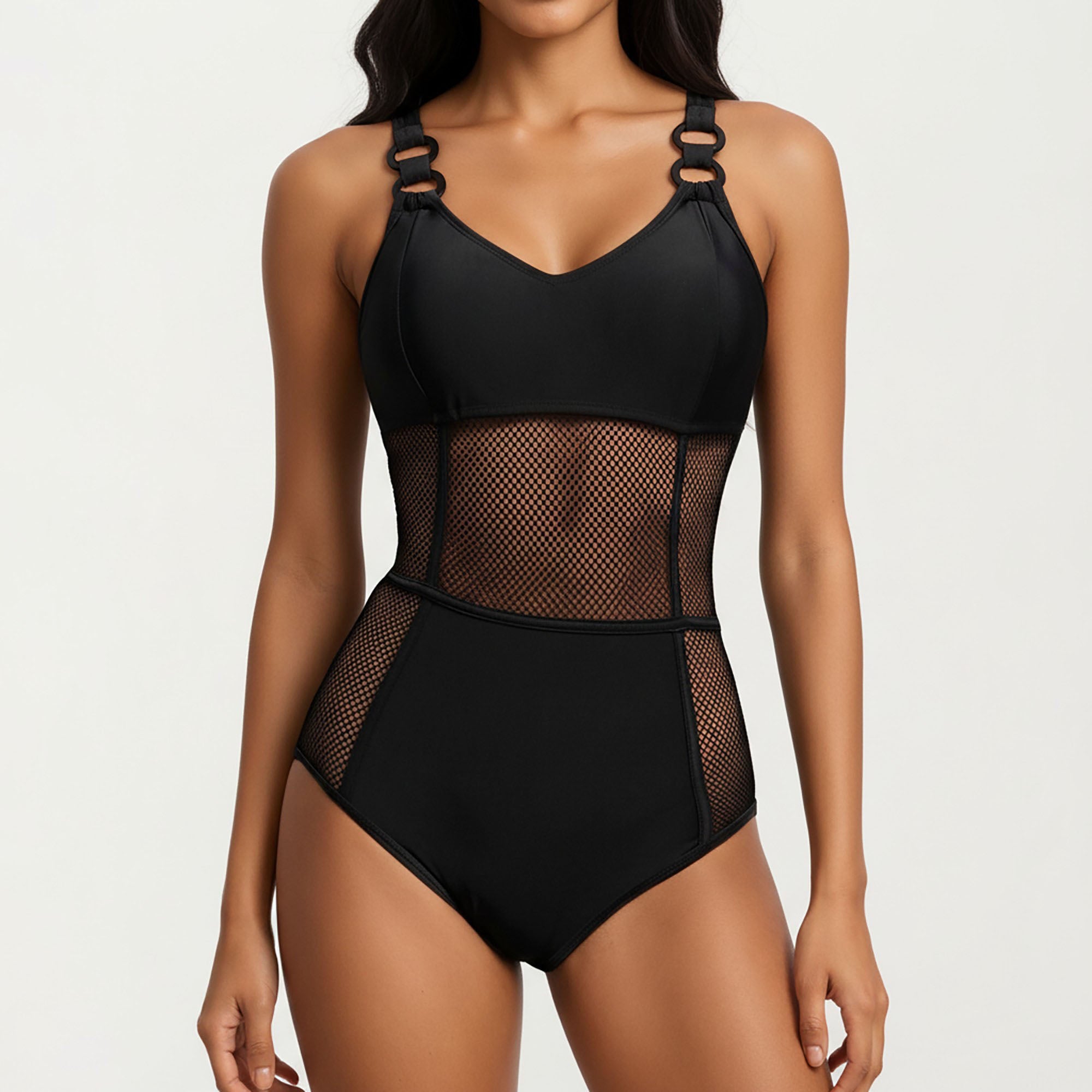Anna-Kaci Women's Mesh Panel One Piece Swimsuit with Ring Strap Detail and Sculpted Fit