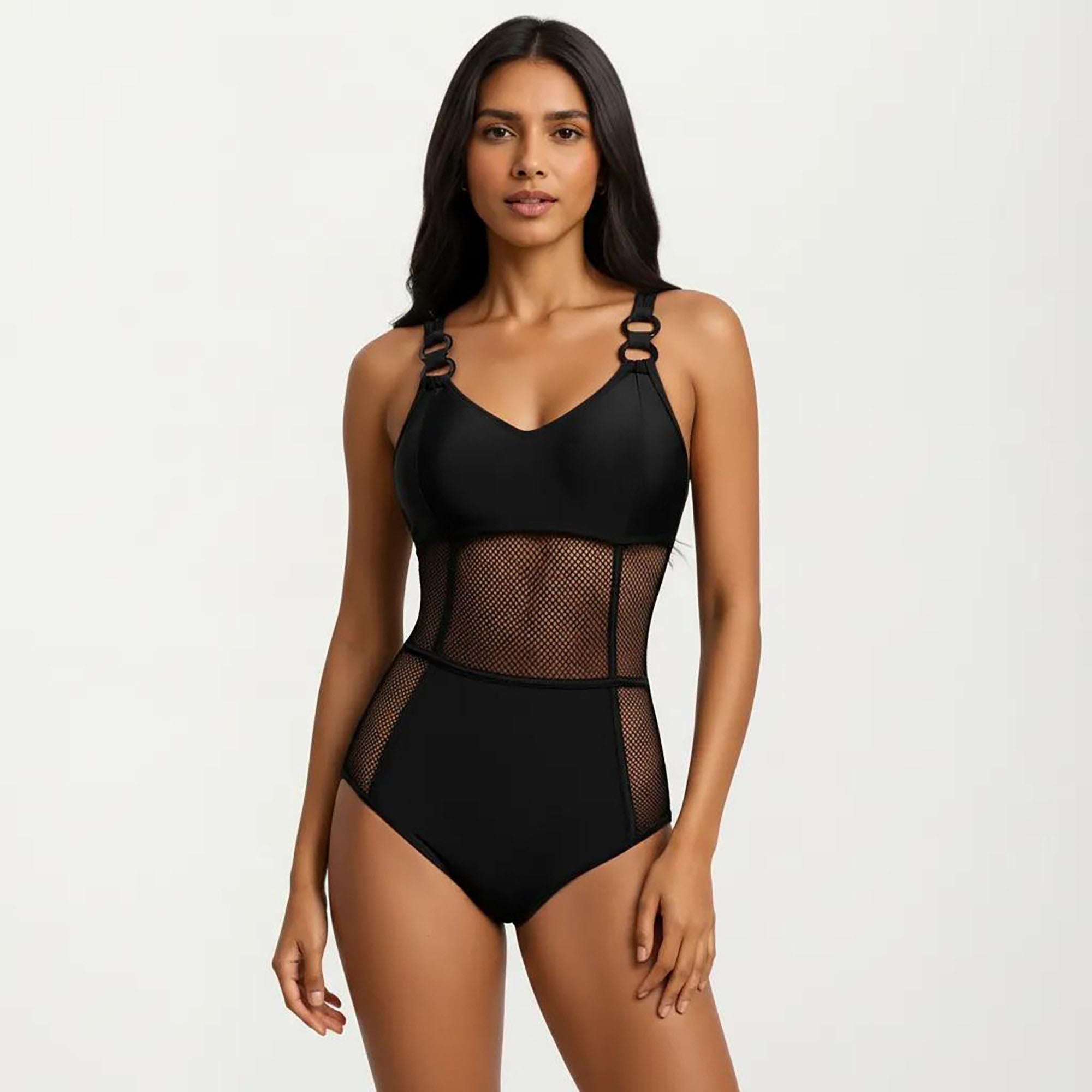 Anna-Kaci Women's Mesh Panel One Piece Swimsuit with Ring Strap Detail and Sculpted Fit