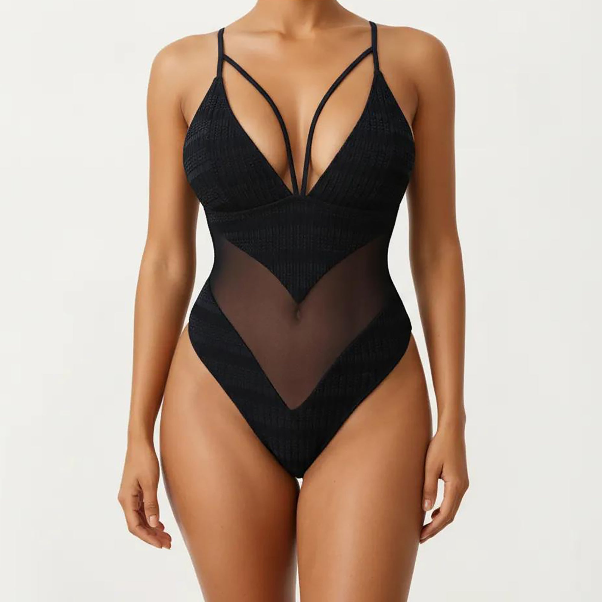 Anna-Kaci Women's Plunge One Piece Swimsuit with Sheer Mesh Panel and High Cut Leg Design