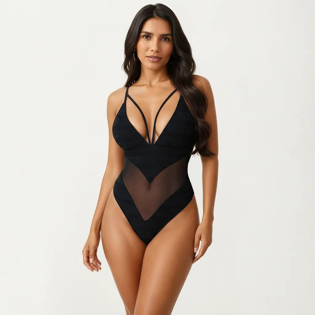 Anna-Kaci Women's Plunge One Piece Swimsuit with Sheer Mesh Panel and High Cut Leg Design