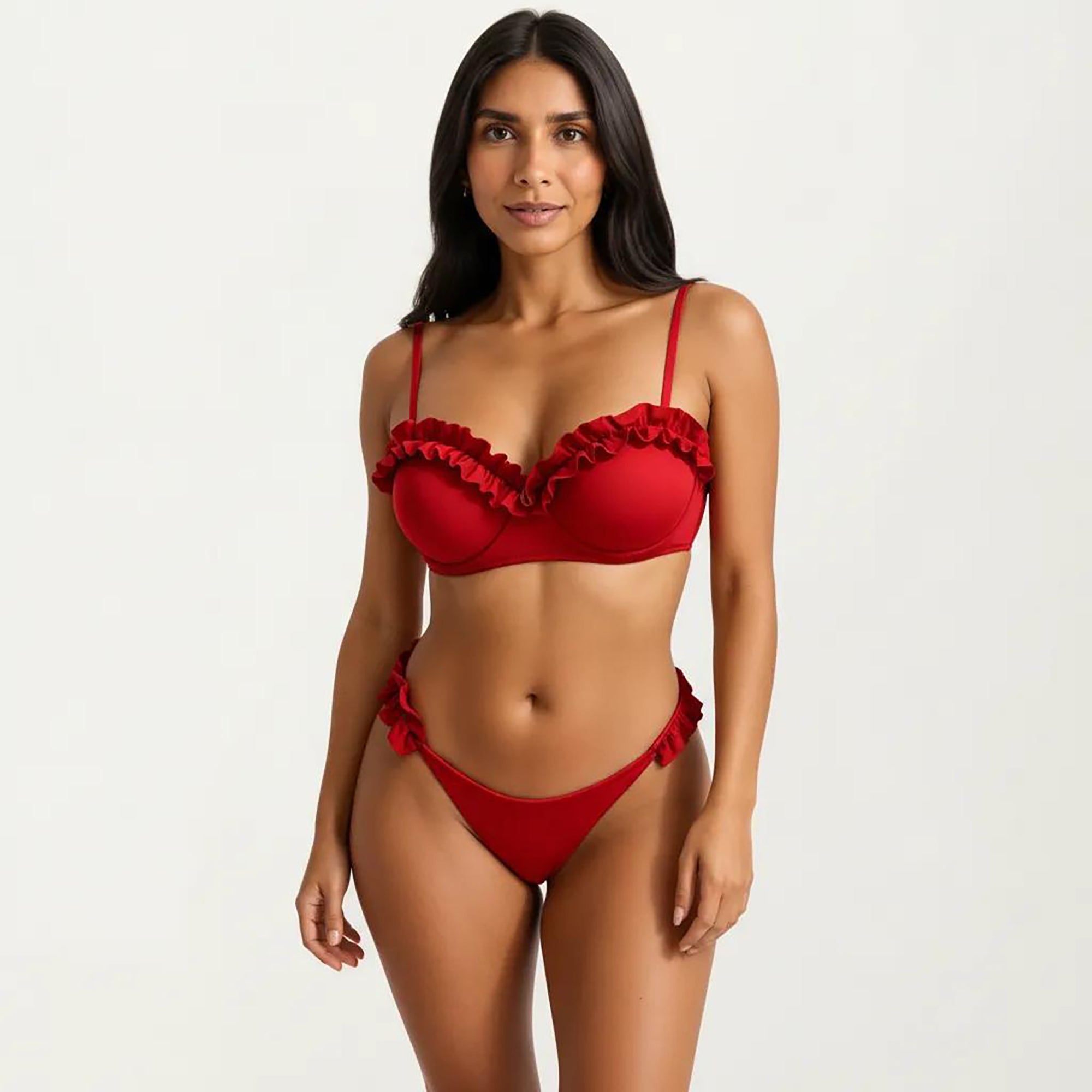 Anna-Kaci Women's 2-Piece Set Ruffle Trim Bikini with Underwire Top and High Cut Bottom