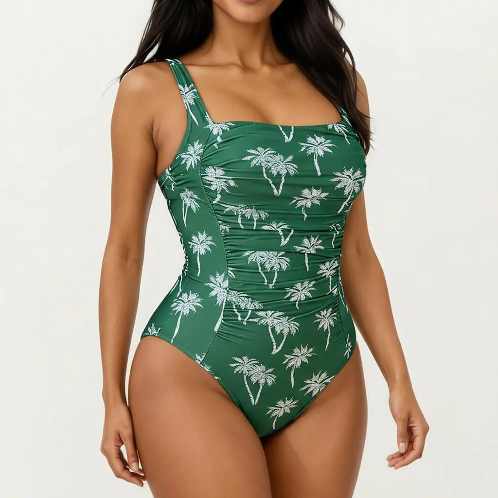 Anna-Kaci Women's Palm Print One Piece Swimsuit with Square Neckline and Ruched Tummy Control Fit