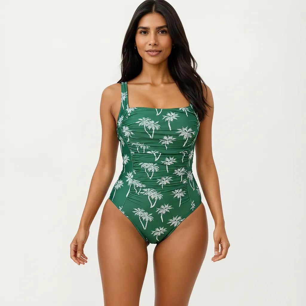 Anna-Kaci Women's Palm Print One Piece Swimsuit with Square Neckline and Ruched Tummy Control Fit