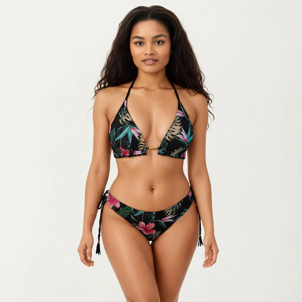 Anna-Kaci Women's 2-Piece Halter Bikini Set with Tropical Print and Tie Side Bottom