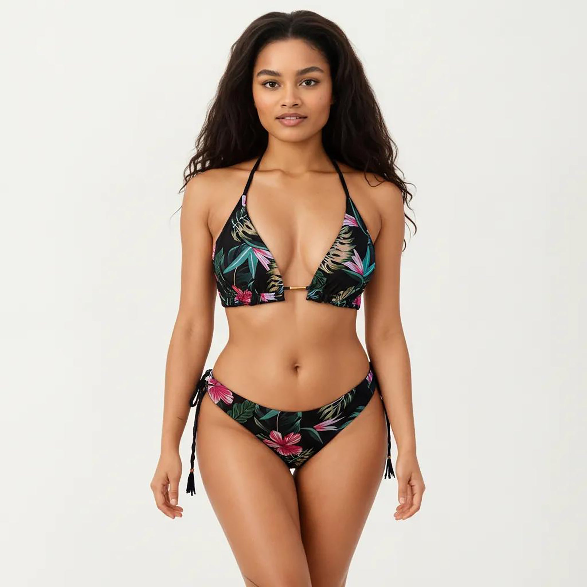 Anna-Kaci Women's 2-Piece Halter Bikini Set with Tropical Print and Tie Side Bottom