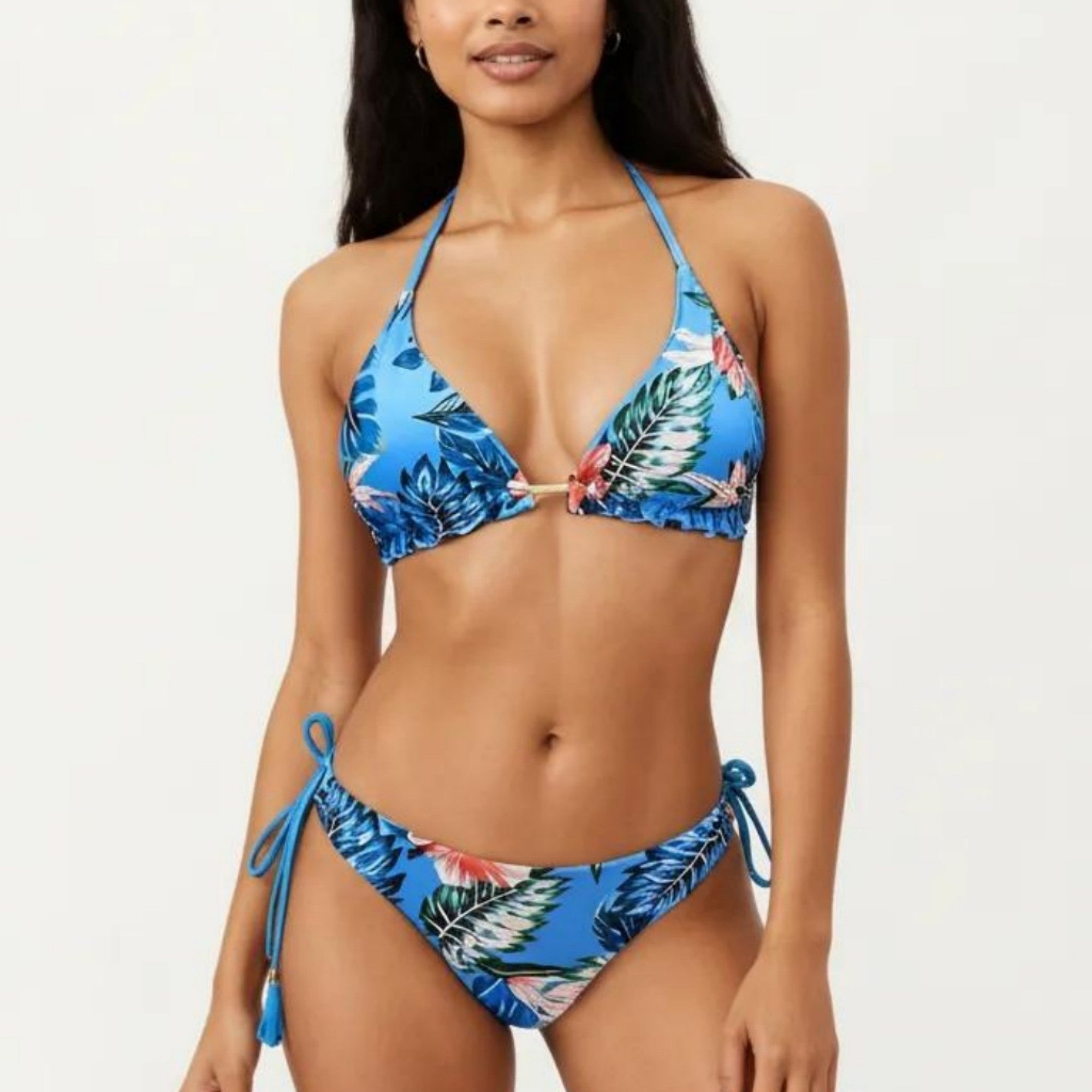 Anna-Kaci Women's 2-Piece Halter Bikini Set with Tropical Print and Tie Side Bottom